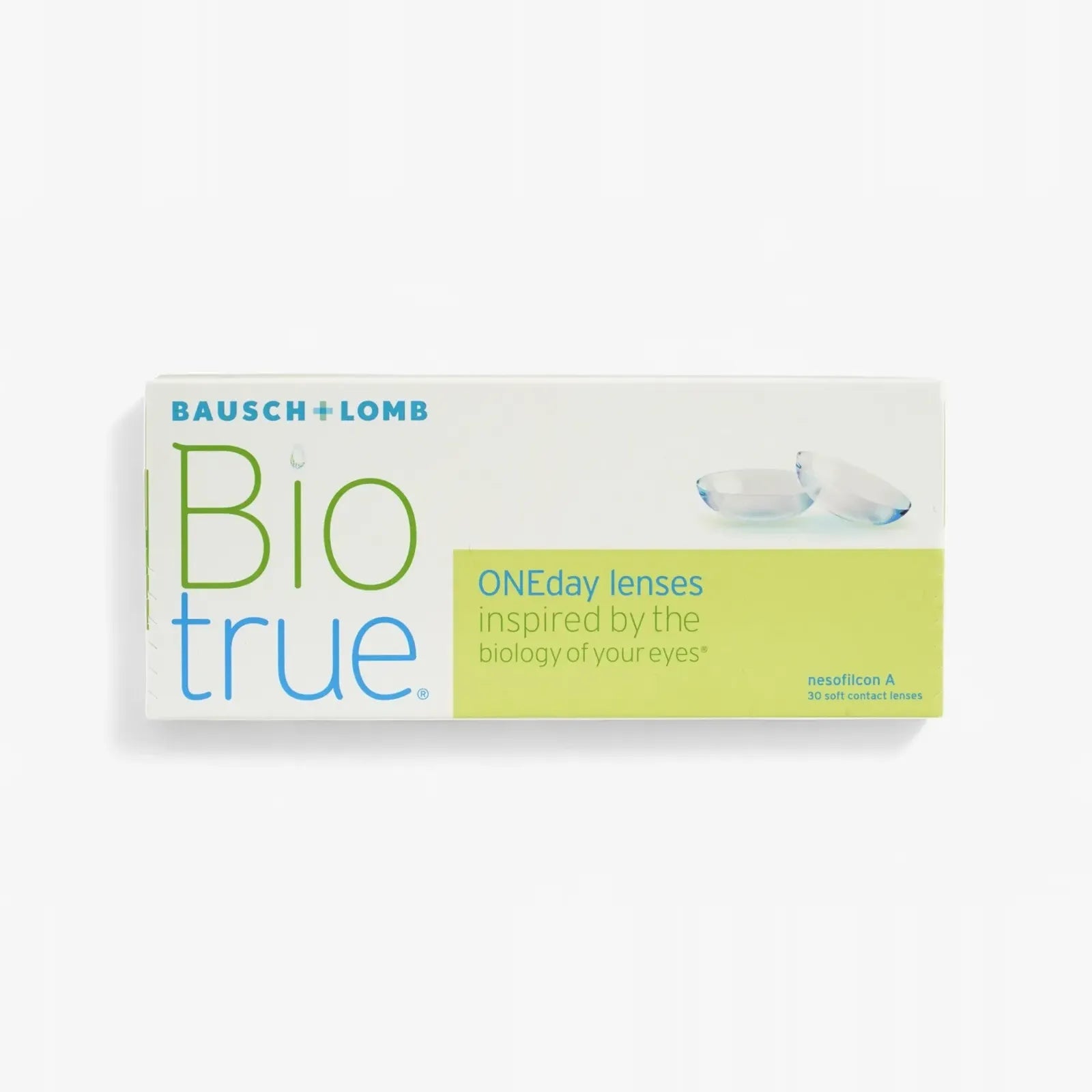 A box of Biotrue Oneday - 30 Pack by Biotrue is displayed with branding and two lenses on a white and light green background, emphasizing these daily disposable lenses’ comfort and UVA/UVB blocking protection.