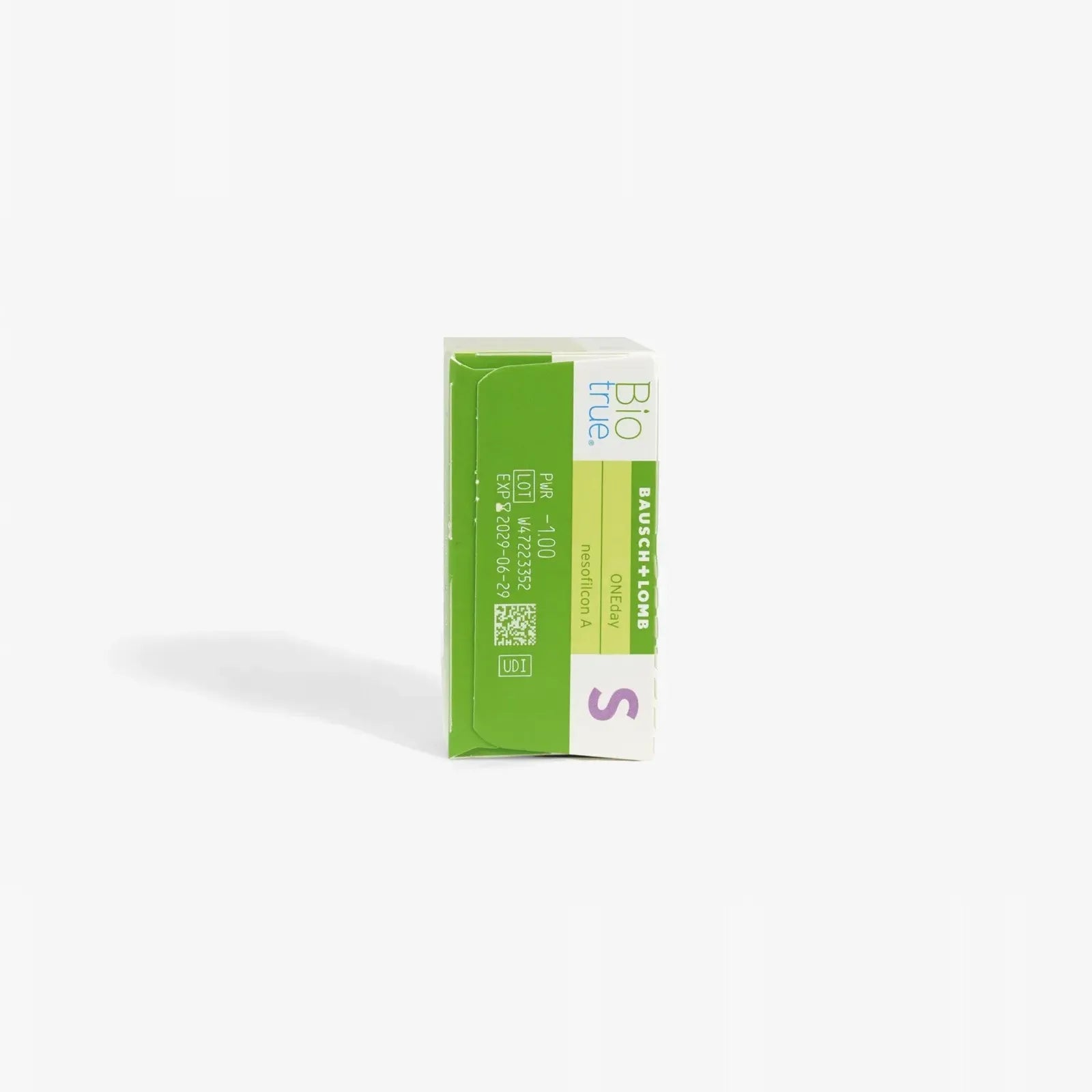 A small rectangular green and white box labeled Biotrue Oneday - 30 Pack by Biotrue, featuring a purple S on one end, sits against a plain white background. These daily disposable lenses offer comfort and convenience.