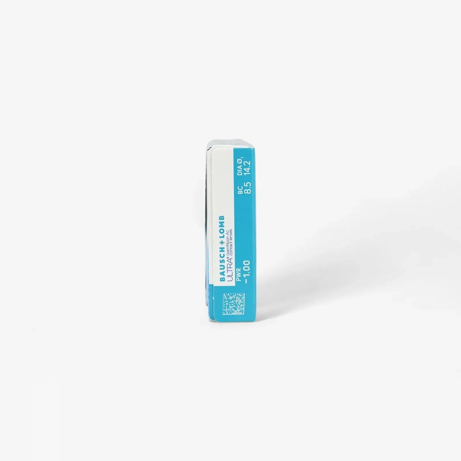 A small white and blue Ultra - 6 Pk box of monthly contact lenses stands upright on a plain white background, showing the side with product details and featuring MoistureSeal technology.