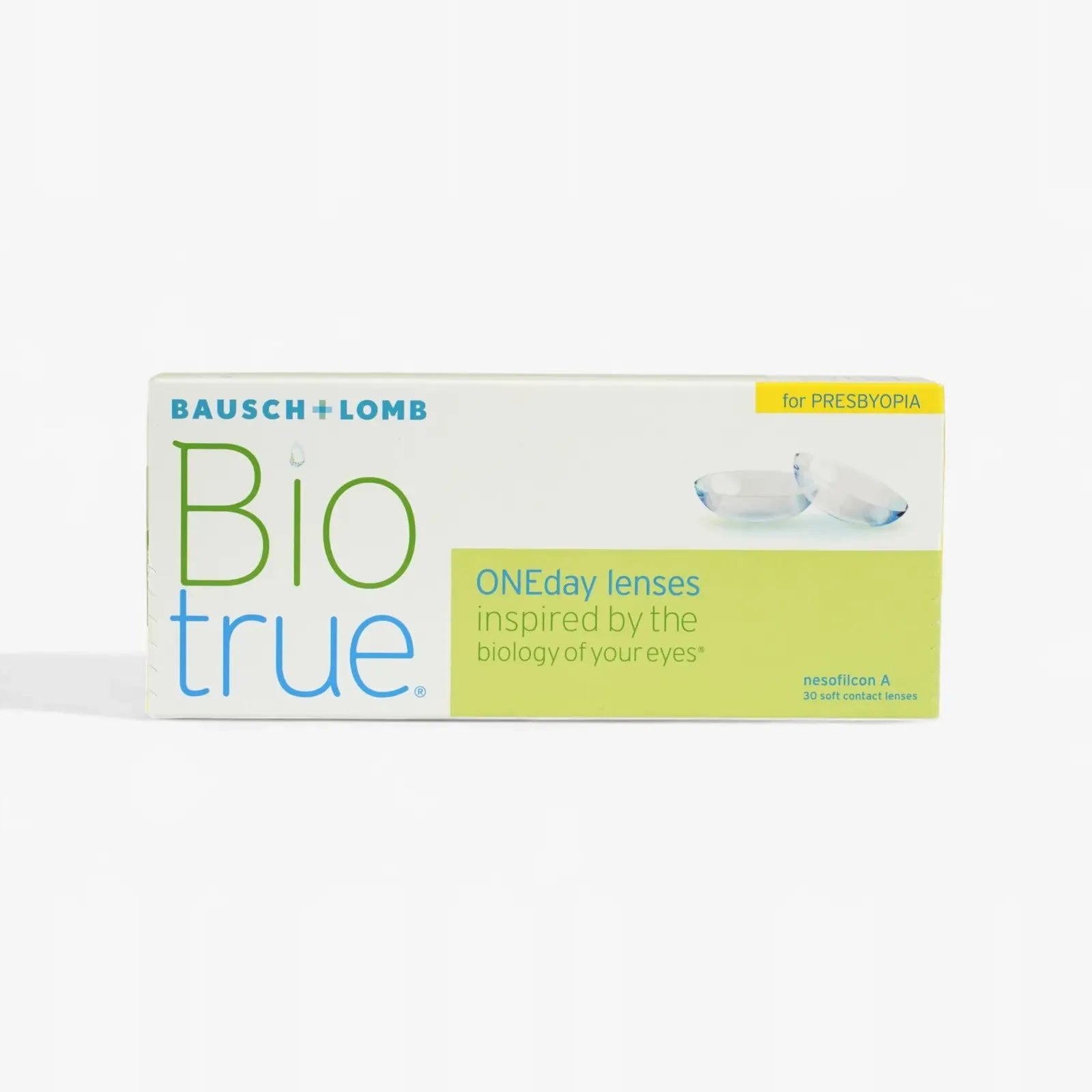 A box of Biotrue 1Day For Presbyopia - 30 Pk daily disposable contact lenses by Biotrue is displayed. The packaging is white and green with blue and yellow accents, featuring an image of two contact lenses.