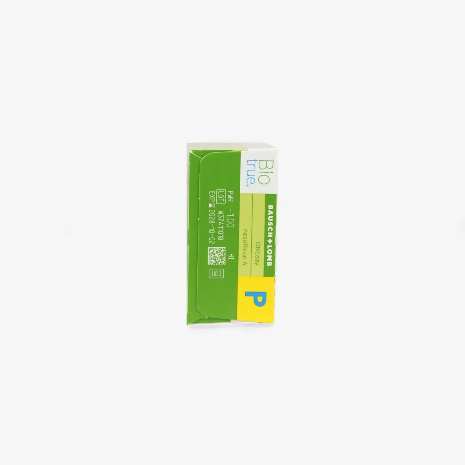A rectangular green and yellow box of Biotrue 1Day For Presbyopia - 30 Pk by Biotrue is shown on a white background, with product details and a prominent blue and yellow P symbol on the side.
