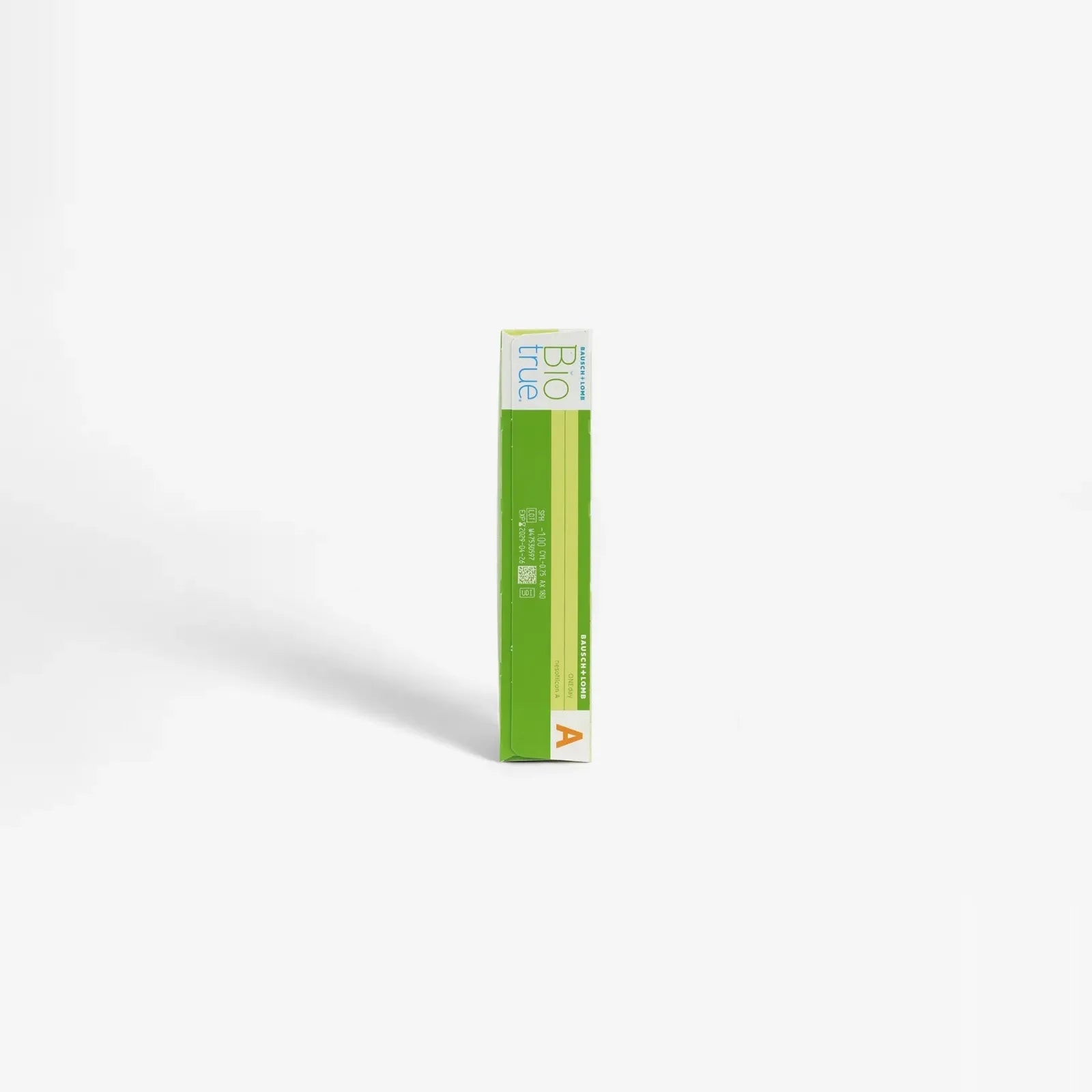 A green and white rectangular box labeled Biotrue stands upright against a plain white background, indicating its Biotrue Oneday Toric - 90Pk daily disposable contact lenses by Biotrue, designed for comfort.