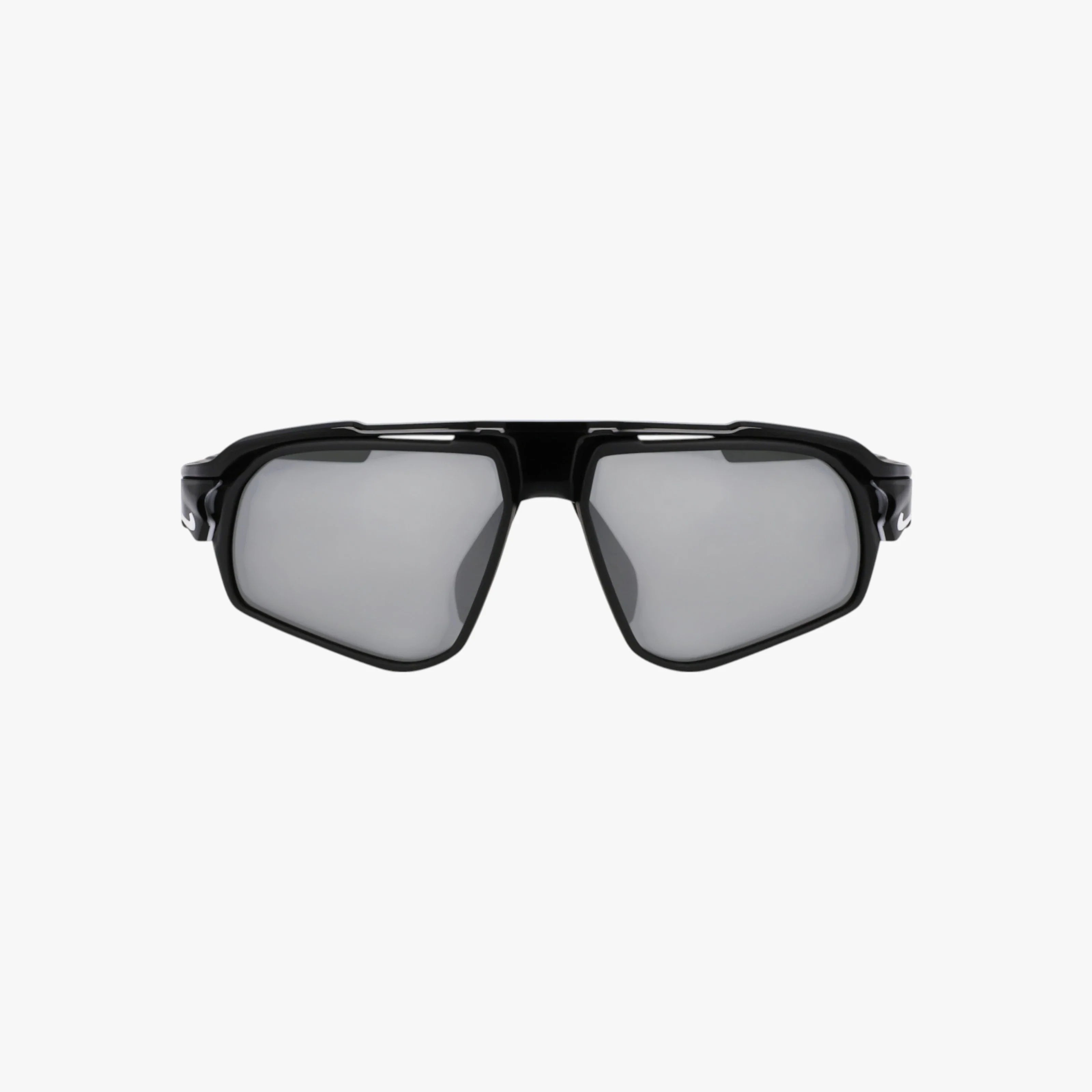 Front view of NIKE FLYFREE FV2387 sporty sunglasses by NIKE, featuring black frames and wide, slightly mirrored gray lenses for dependable UV protection, showcased against a plain white background.