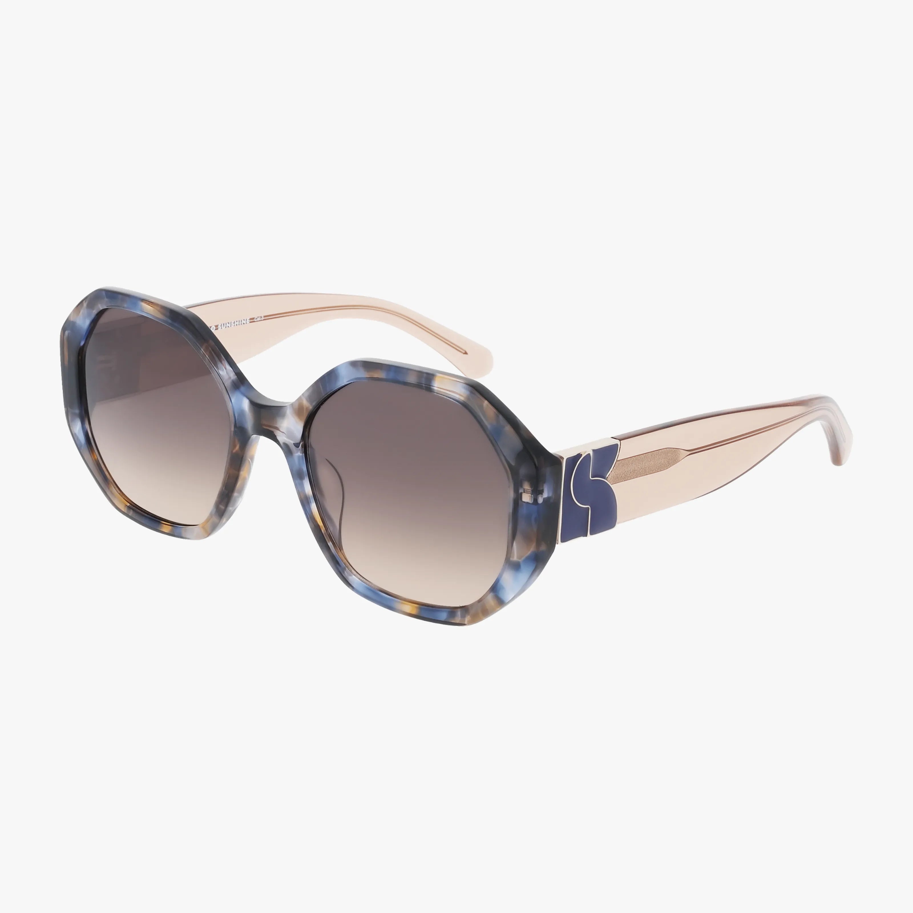 The Kate Spade FLYNNIE/G/S sunglasses feature octagonal blue and brown tortoiseshell frames, gradient brown lenses, and beige arms with a blue accent near the hinges for chic sun protection.