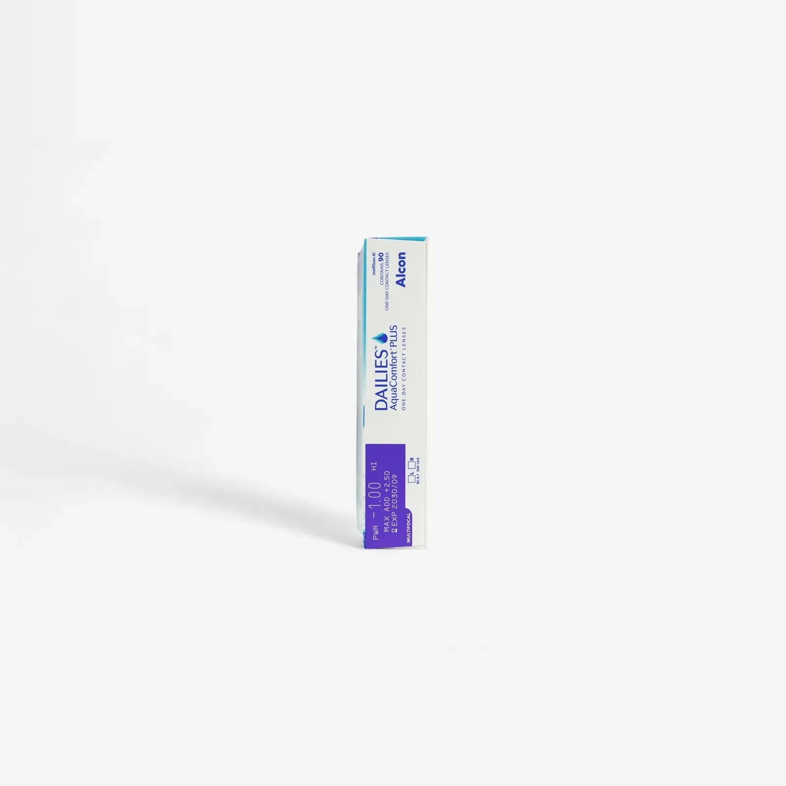 A rectangular box of Dailies Aquacomfort Plus Mf - 90 Pk contact lenses by Dailies stands upright against a plain white background, featuring mostly white packaging with blue and purple accents.