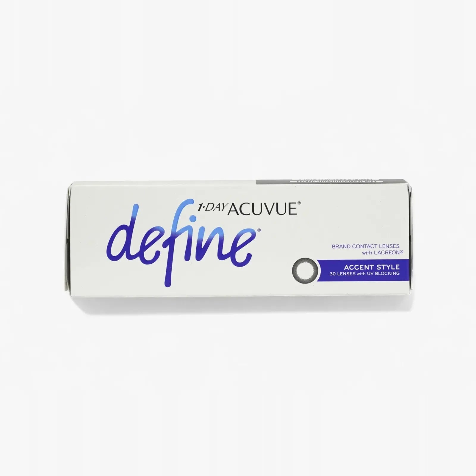 A 30-pack box of Acuvue 1 Day Define daily contacts, Accent Style, with blue and black text on white packaging. Contains 30 lenses and features UV blocking.