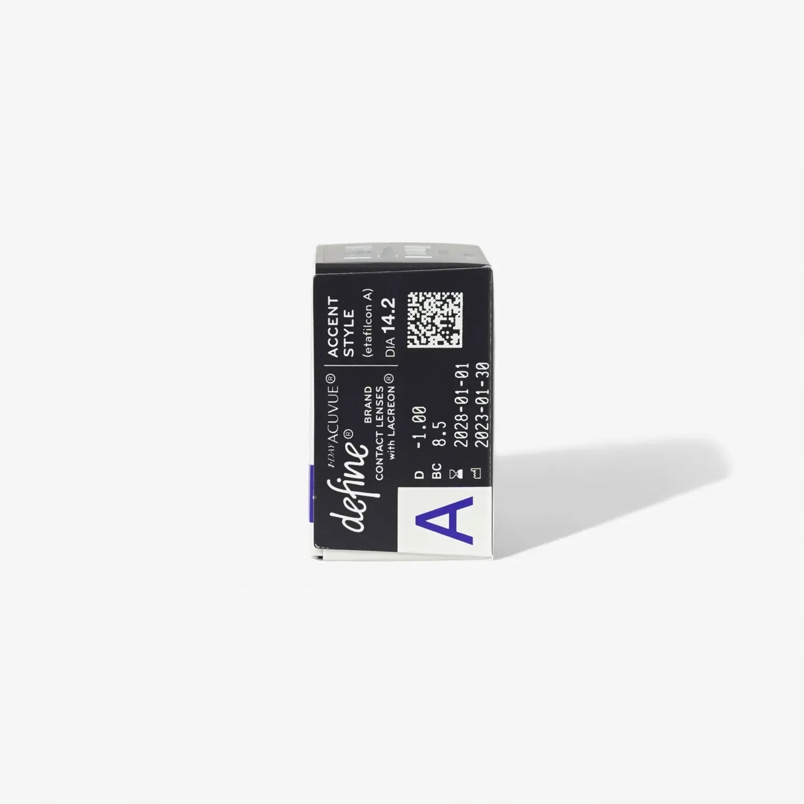 A small, upright box labeled 1 Day Acuvue Define 30 Pk by Acuvue stands on a white background, featuring a barcode, QR code, expiration date, and product info in white text on a black label—typical for daily contact lens packaging.