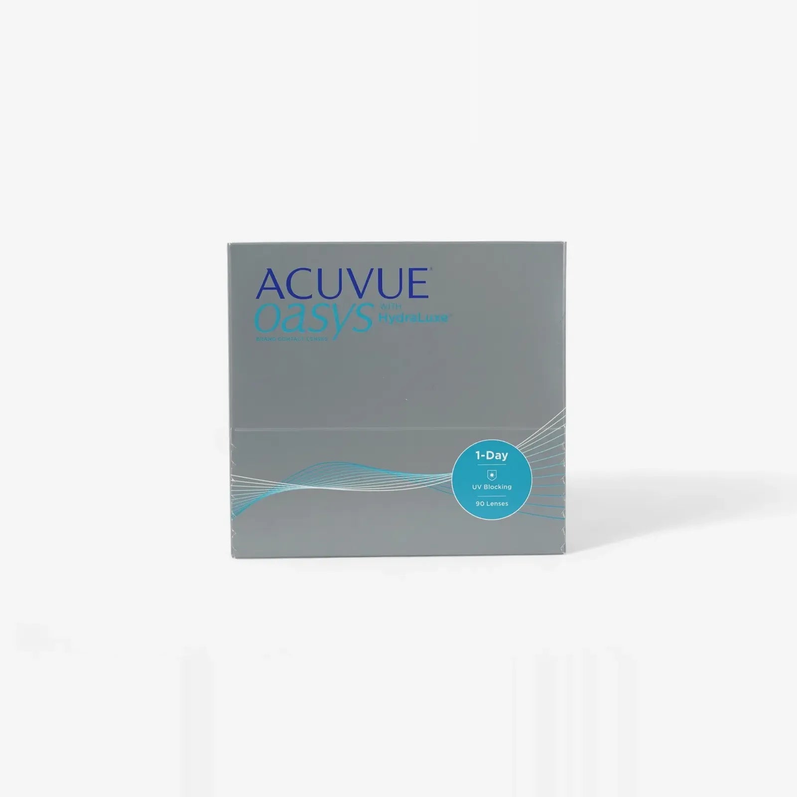 A gray box of Acuvue Oasys 1 Day Sphere Hydraluxe 90Pk daily lenses with blue and white text, UV Blocking, and 90 Lenses, is shown against a plain white background.
