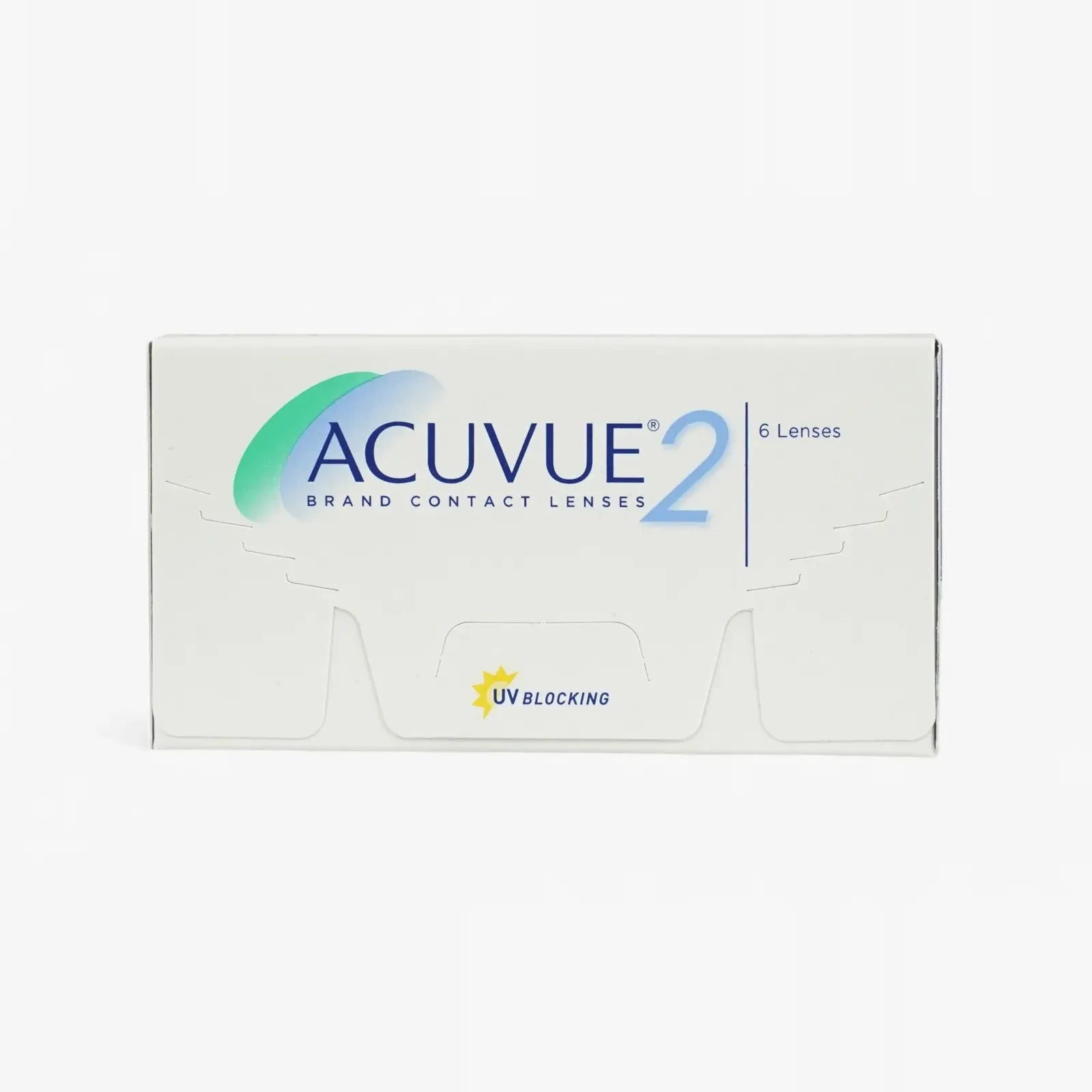 Order Acuvue 2 - 6 Pk by Acuvue: a white box of bi-weekly contact lenses, featuring blue and green logo text and a yellow UV Blocking label on the front, available online.