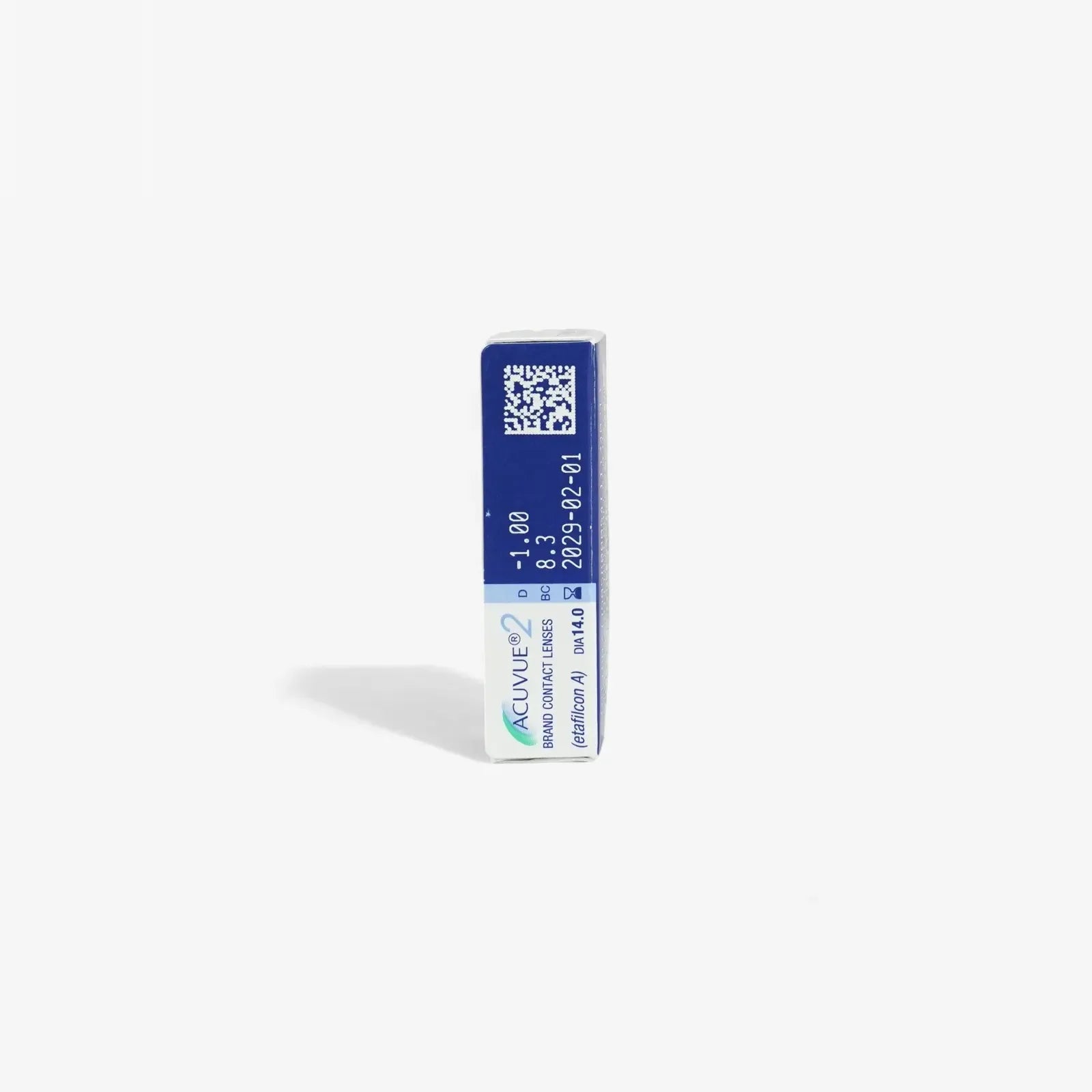 A single box of Acuvue 2 - 6 Pk bi-weekly lenses from Acuvue stands upright on a white background, clearly showing product details and a barcode on the blue and white packaging—ideal for online contact lens orders.