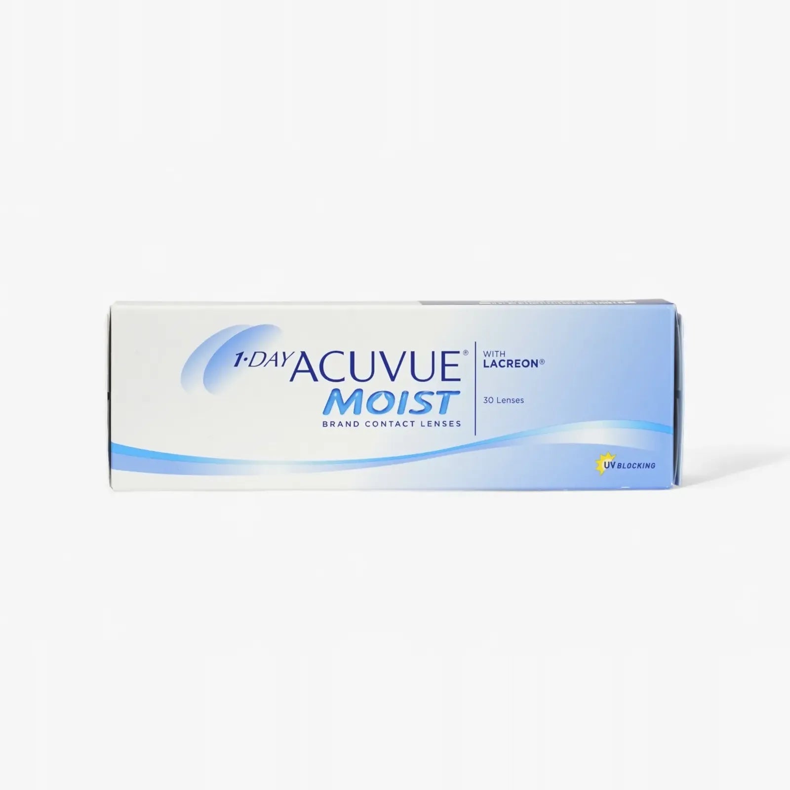 A white and blue box of Acuvue 1 Day Acuvue Moist - 30 Pk daily contact lenses with LACREON, featuring the product name and logo on the front—ideal for buying contacts online.