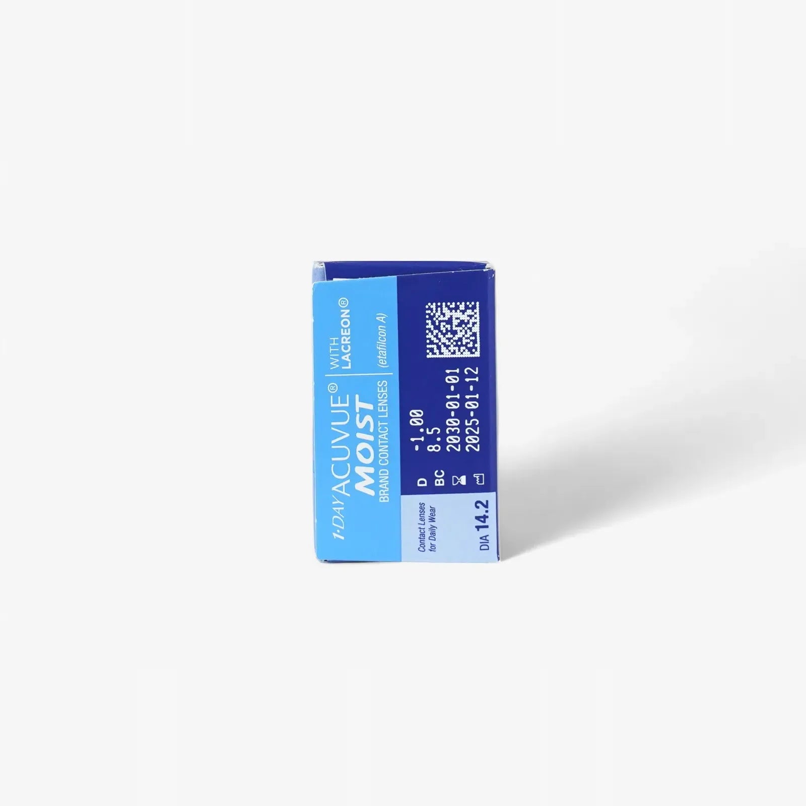 A blue and white 1 Day Acuvue Moist - 30 Pk box from Acuvue, showing product details, prescription info, and a QR code on the side—ideal for online contact lens shoppers.