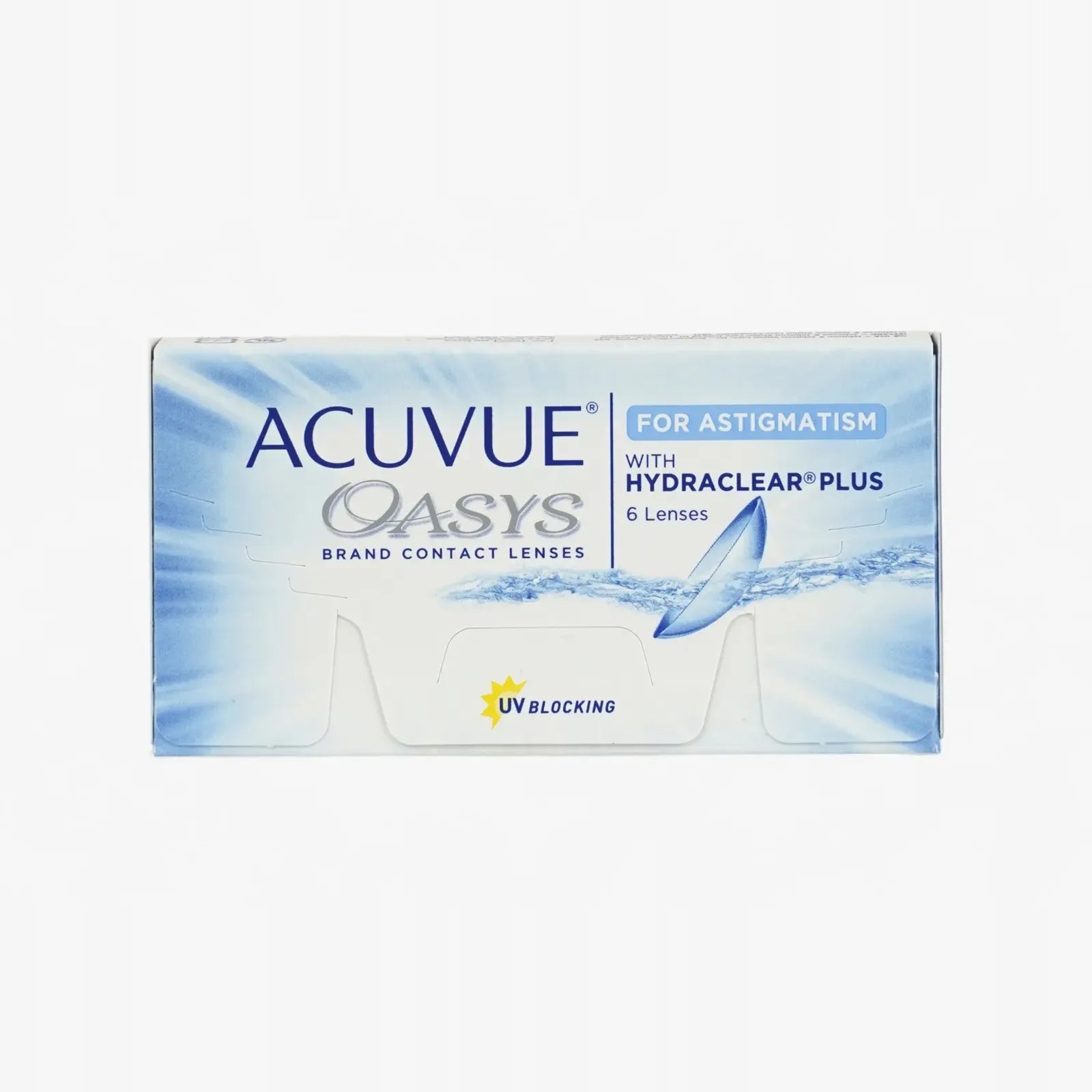 Acuvue Oasys For Astigmatism - 6 Pk lenses offer UV blocking and Hydraclear Plus for comfort. Each box has 6 lenses, and the blue/white water-themed packaging signals hydration, like ACUVUE OASYS 1-Day with HydraLuxe Technology.