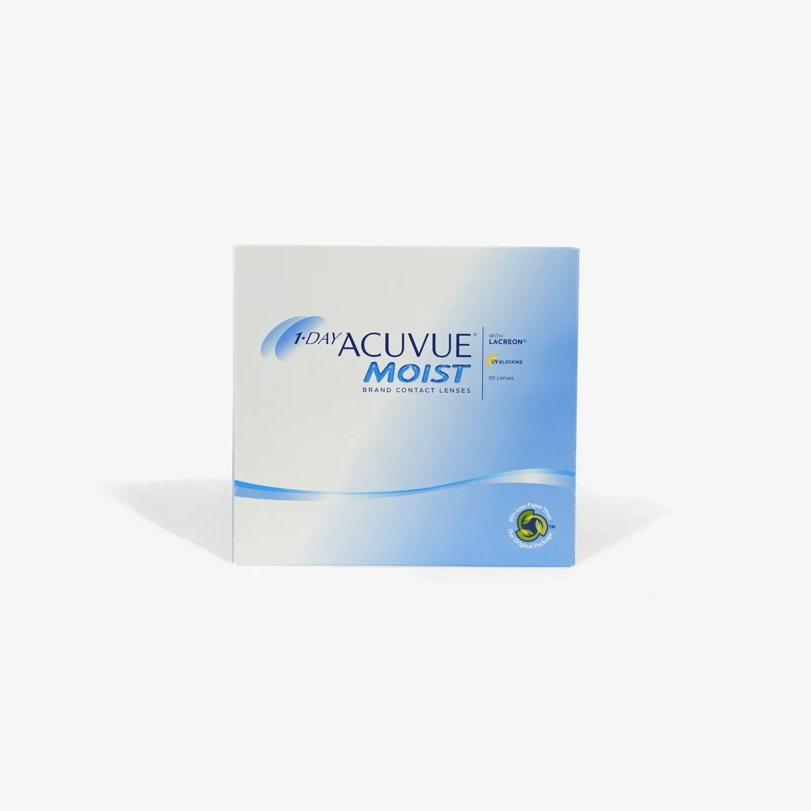 A 90-pack box of Acuvue 1 Day Acuvue Moist daily contact lenses, featuring a blue and white design with text and a small green logo in the lower right corner, set against a plain white background.