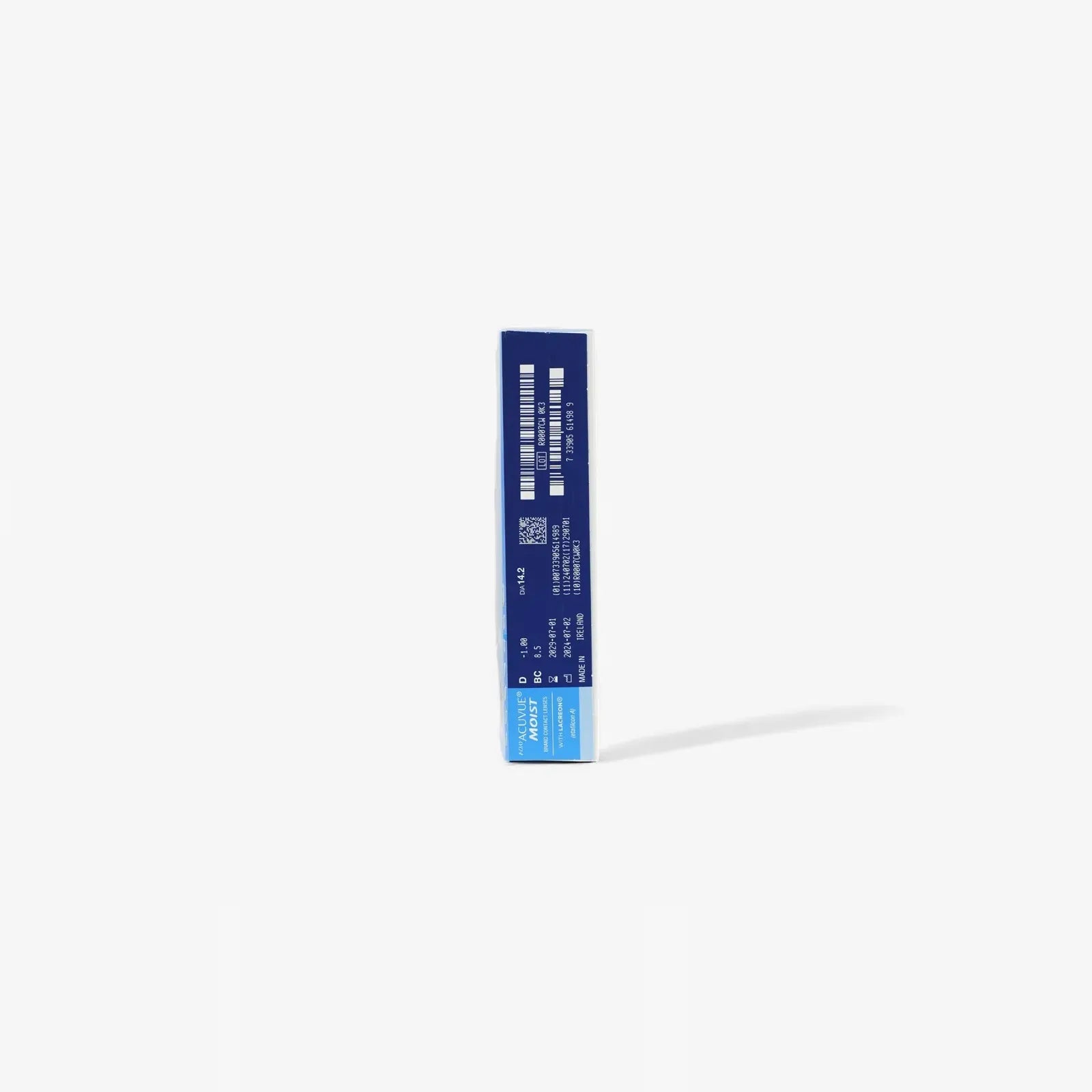 An upright blue and white rectangular box of Acuvue 1 Day Acuvue Moist - 90 Pk daily contact lenses for astigmatism is displayed on a white background, with its side showing barcodes, numbers, and small text.