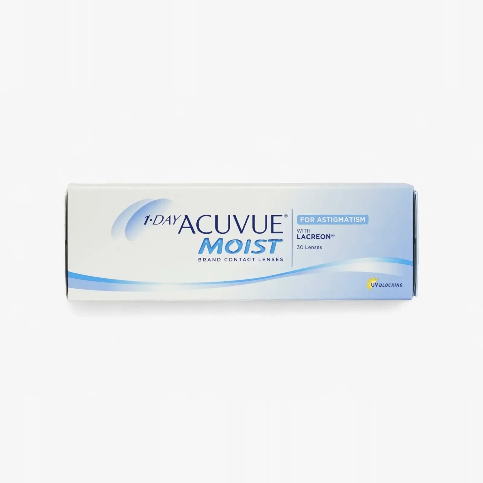 A rectangular box of Acuvue 1 Day Moist For Astig - 30 Pk -Pwrs daily lenses, with blue and white packaging, product details, a yellow UV blocking symbol, and designed for stable vision all day.