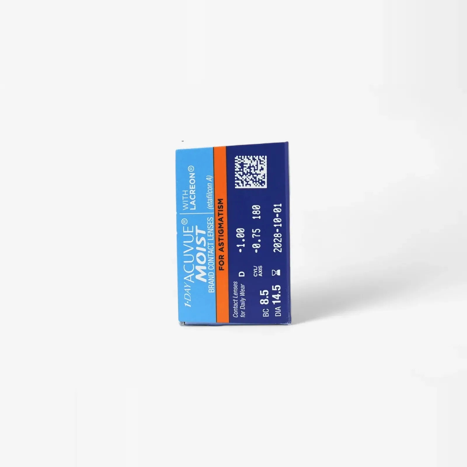 A blue and white Acuvue 1 Day Moist For Astig - 30 Pk -Pwrs box stands upright on a white background, displaying product details, prescription info, and an orange stability stripe with branding for clear vision.