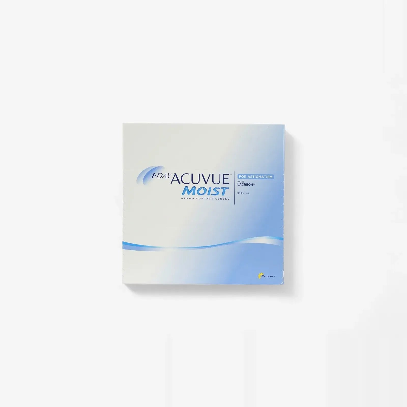 A 90-pack box of Acuvue 1 Day Moist For Astigmatism daily contact lenses, featuring hydrogel lenses in blue and white packaging with product branding on the front.