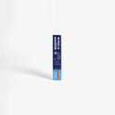A blue rectangular ticket with white text and barcodes stands upright against a plain background, casting a faint shadow—resembling the crisp packaging of Acuvue 1 Day Moist For Astigmatism - 90 Pk contact lenses.