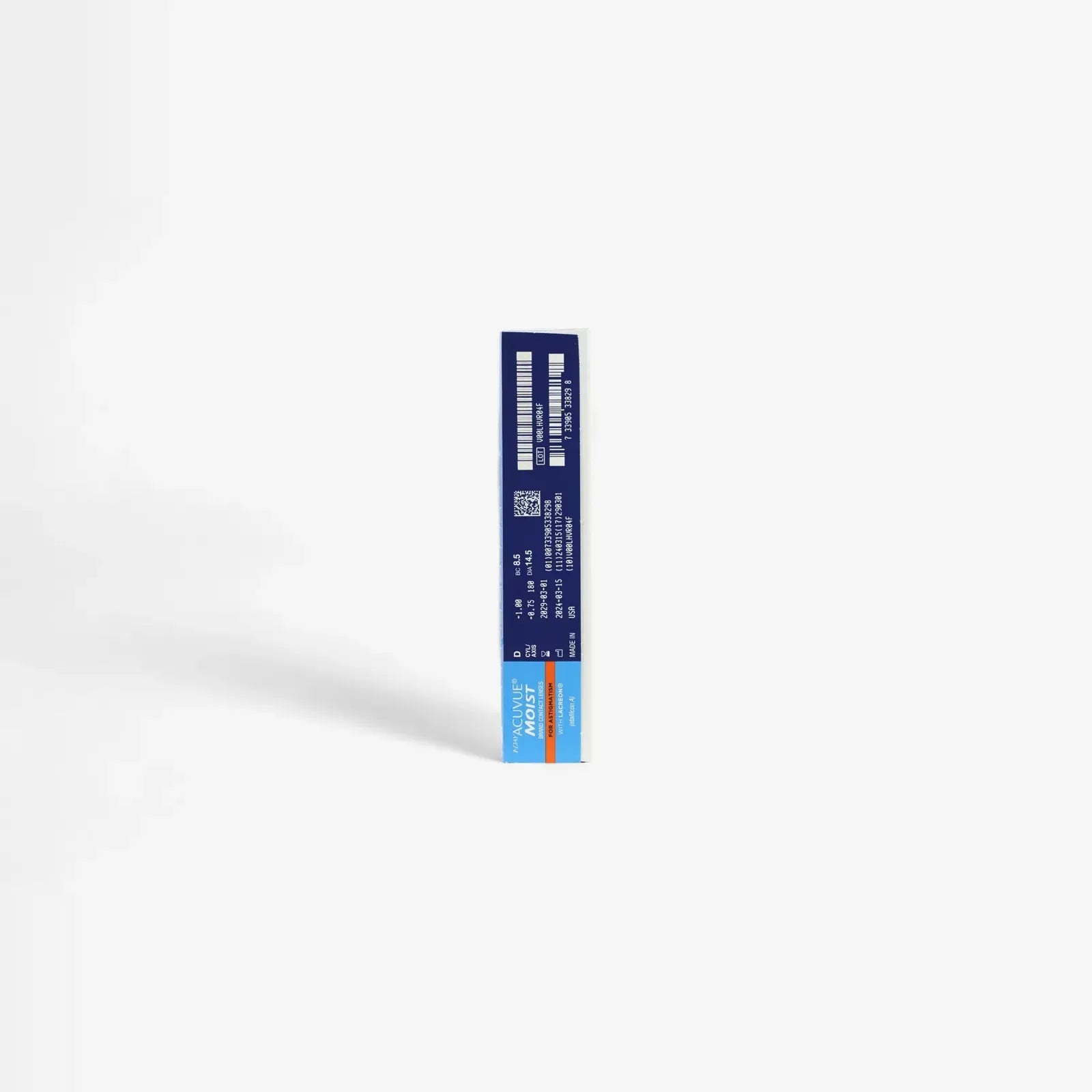 A blue rectangular ticket with white text and barcodes stands upright against a plain background, casting a faint shadow—resembling the crisp packaging of Acuvue 1 Day Moist For Astigmatism - 90 Pk contact lenses.
