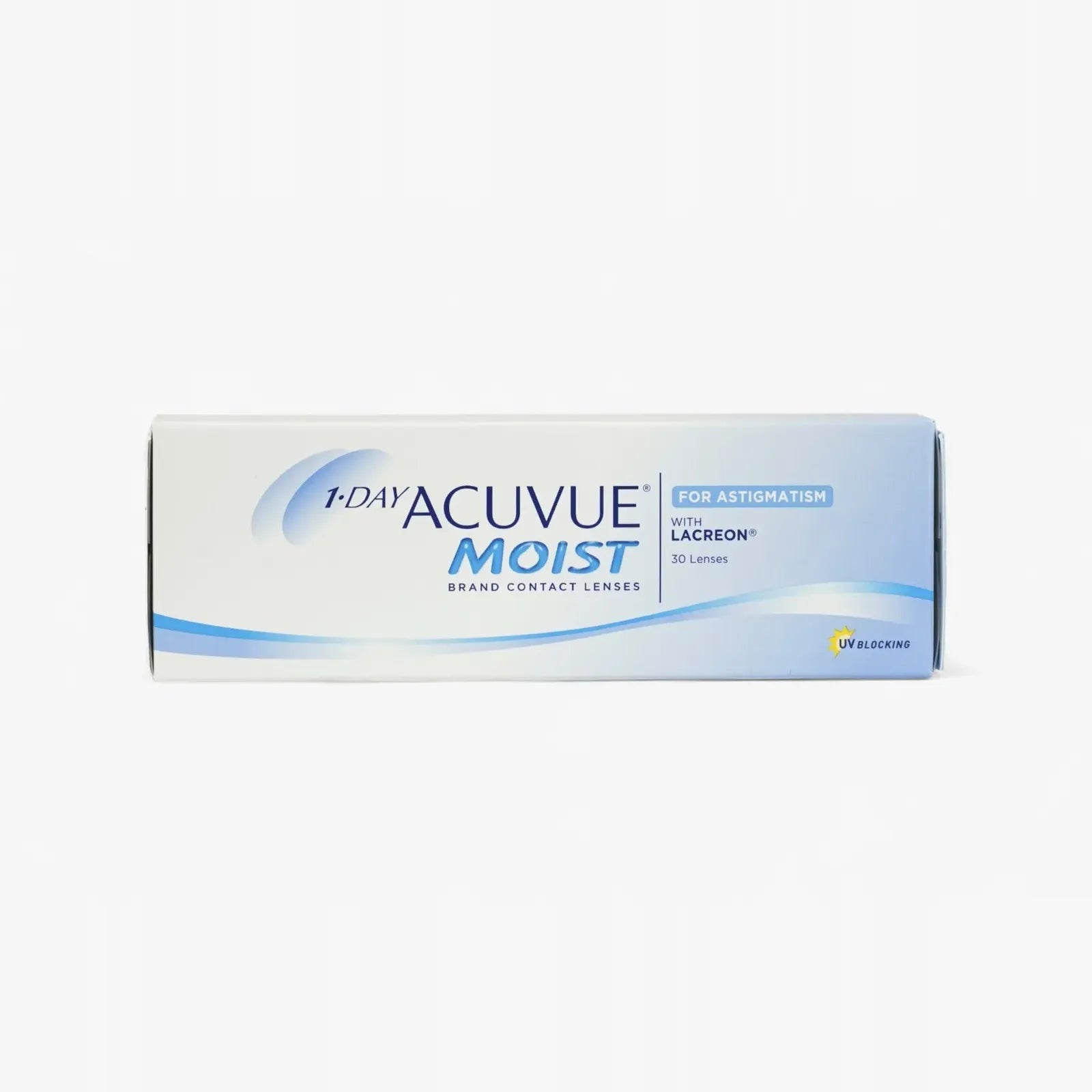 A white box of Acuvue 1 Day Moist For Astig - 30 Pk +Pwrs daily lenses with LACREON, featuring blue accents, text, and a yellow detail on the right side. Contains 30 hydrogel contact lenses for astigmatism.