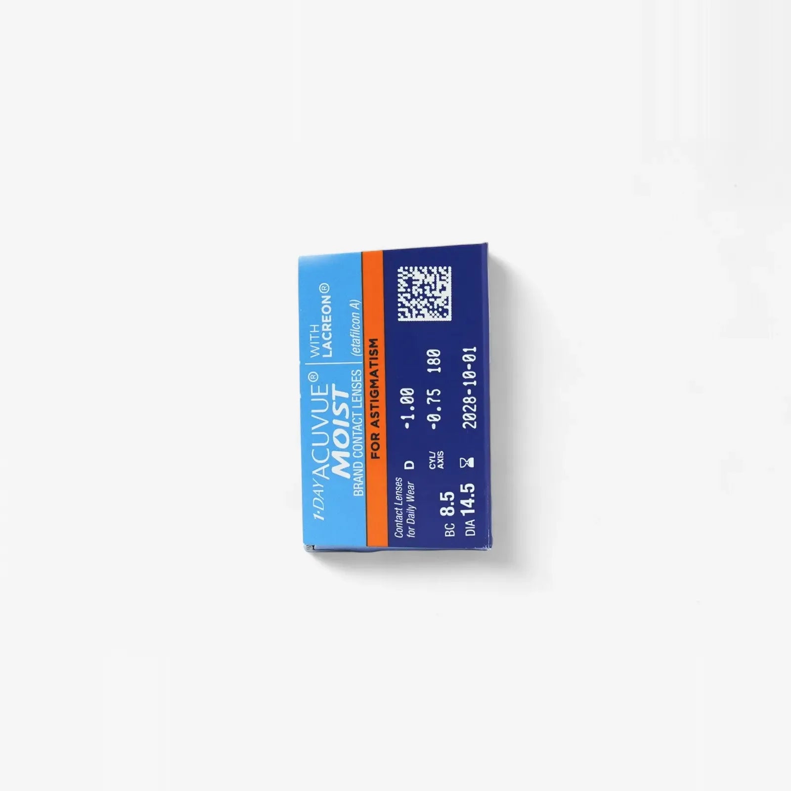 A blue and orange Acuvue 1 Day Moist For Astig - 30 Pk +Pwrs box is shown on a white background, displaying prescription details and a QR code.