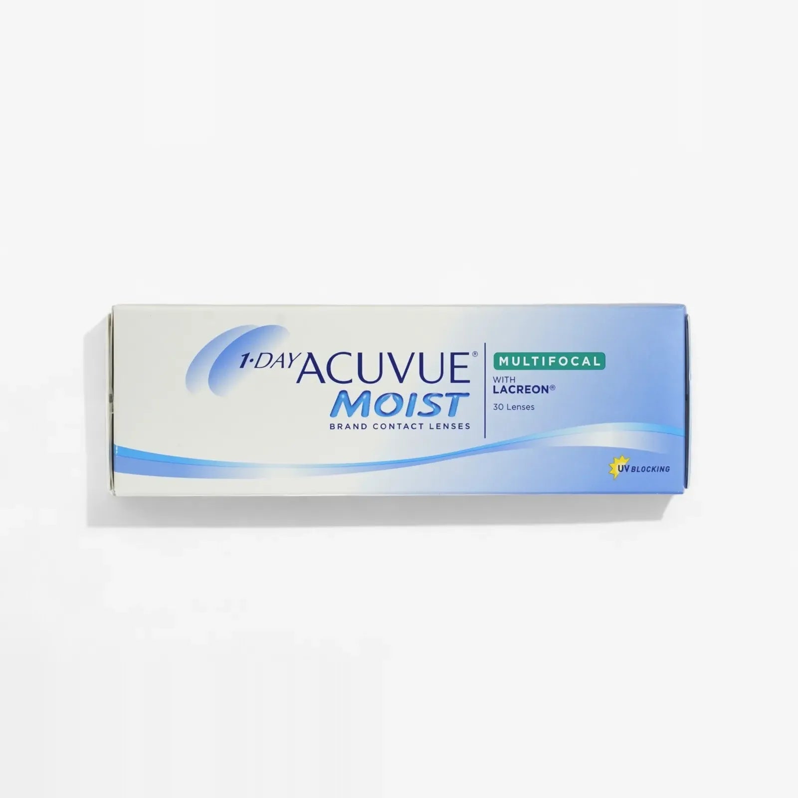 A box of Acuvue 1 Day Acuvue Moist Multifocal 30Pk daily lenses features white and blue packaging with green and yellow accents, containing 30 lenses.