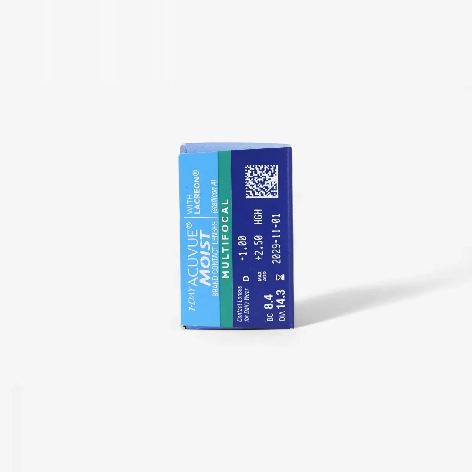 A blue box of Acuvue 1 Day Acuvue Moist Multifocal 30Pk daily contact lenses is shown against a white background, with prescription details and a QR code visible on the side.