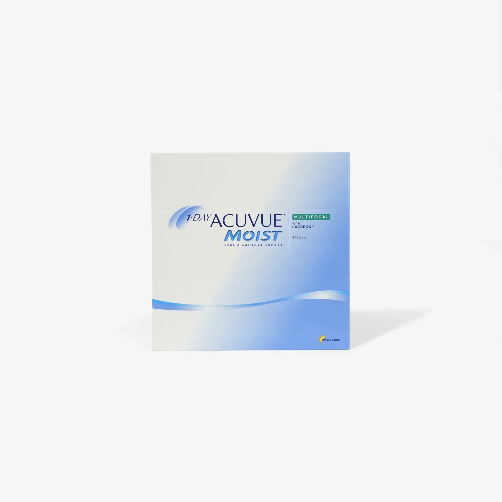 The 1 Day Acuvue Moist Multifocal 90Pk by Acuvue comes in a blue and white box displaying brand details—perfect for those needing daily multifocal lenses for presbyopia.