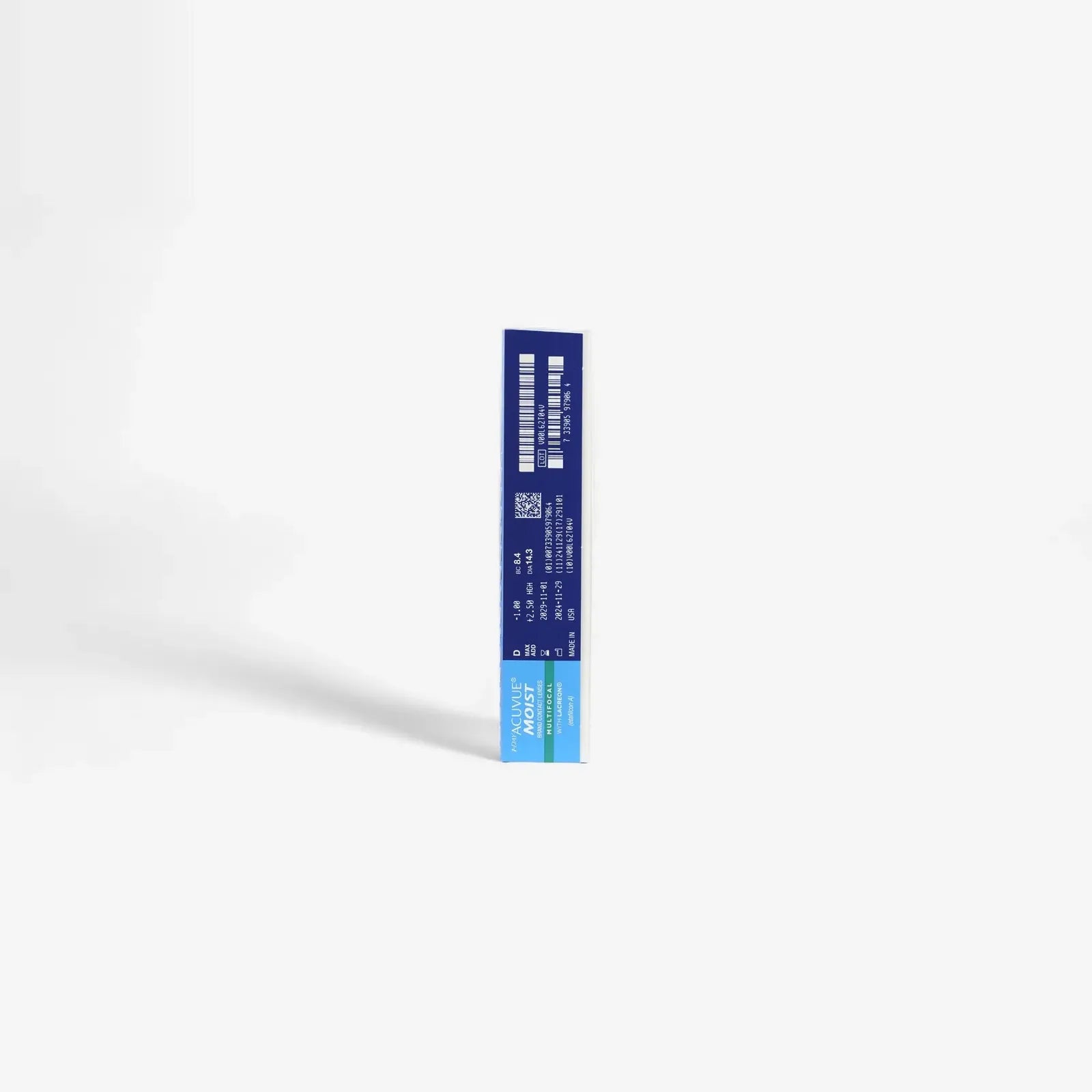 A rectangular blue and white box of Acuvue 1 Day Acuvue Moist Multifocal 90Pk daily contact lenses stands upright against a plain white background with a soft shadow to the left and partially visible text and barcode.