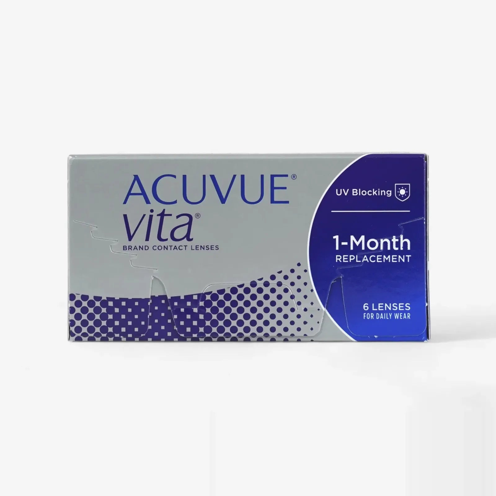 A 6-pack of Acuvue Vita contact lenses for daily wear, with HydraMax Technology and UV blocking, designed for 1-month replacement—ideal for online purchase.