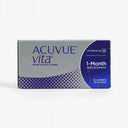 A box of Acuvue Vita - 12 Pack contact lenses by Acuvue offers monthly replacement, 12 lenses for daily wear, HydraMax Technology, and UV blocking, all in sleek gray and blue packaging.