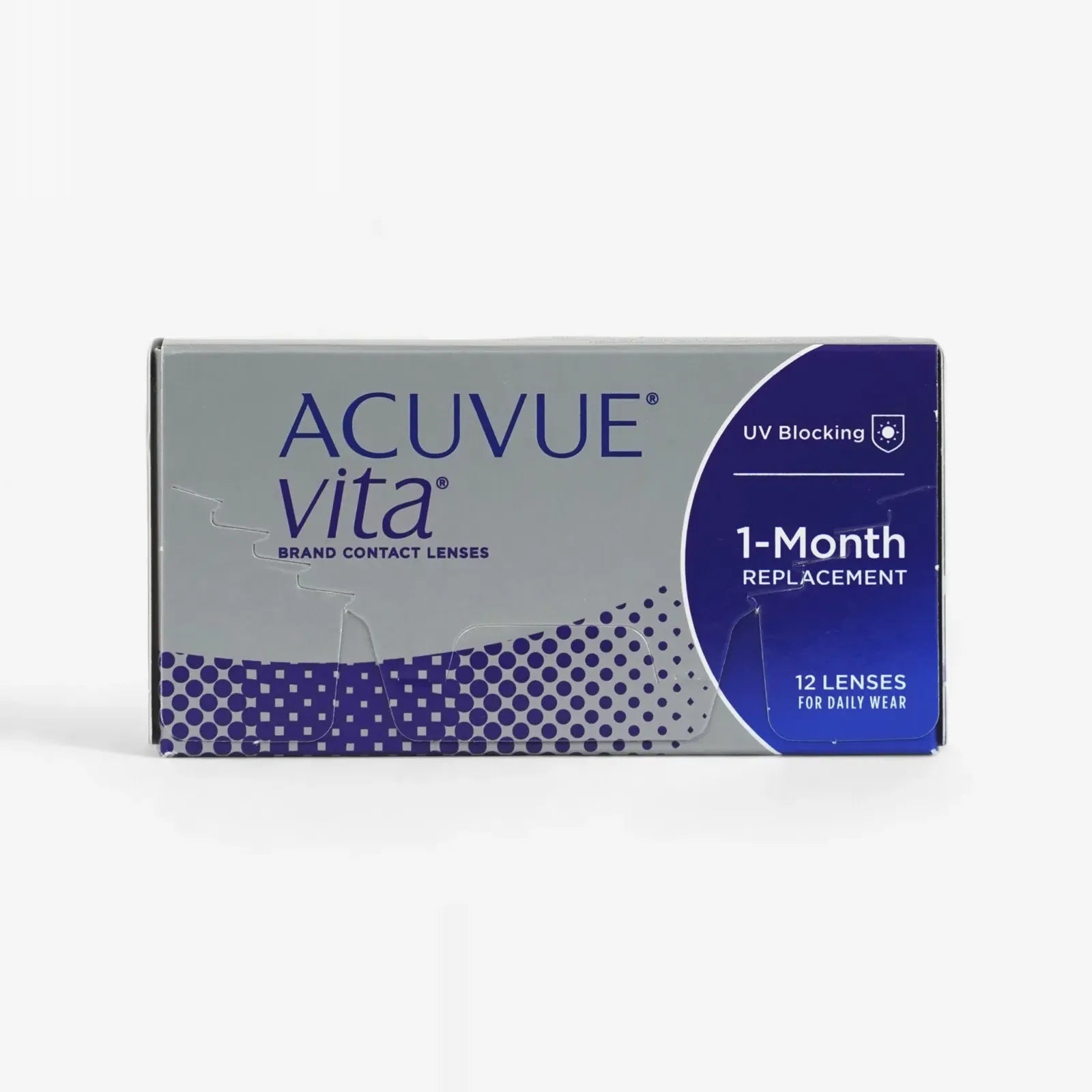 A box of Acuvue Vita - 12 Pack contact lenses by Acuvue offers monthly replacement, 12 lenses for daily wear, HydraMax Technology, and UV blocking, all in sleek gray and blue packaging.