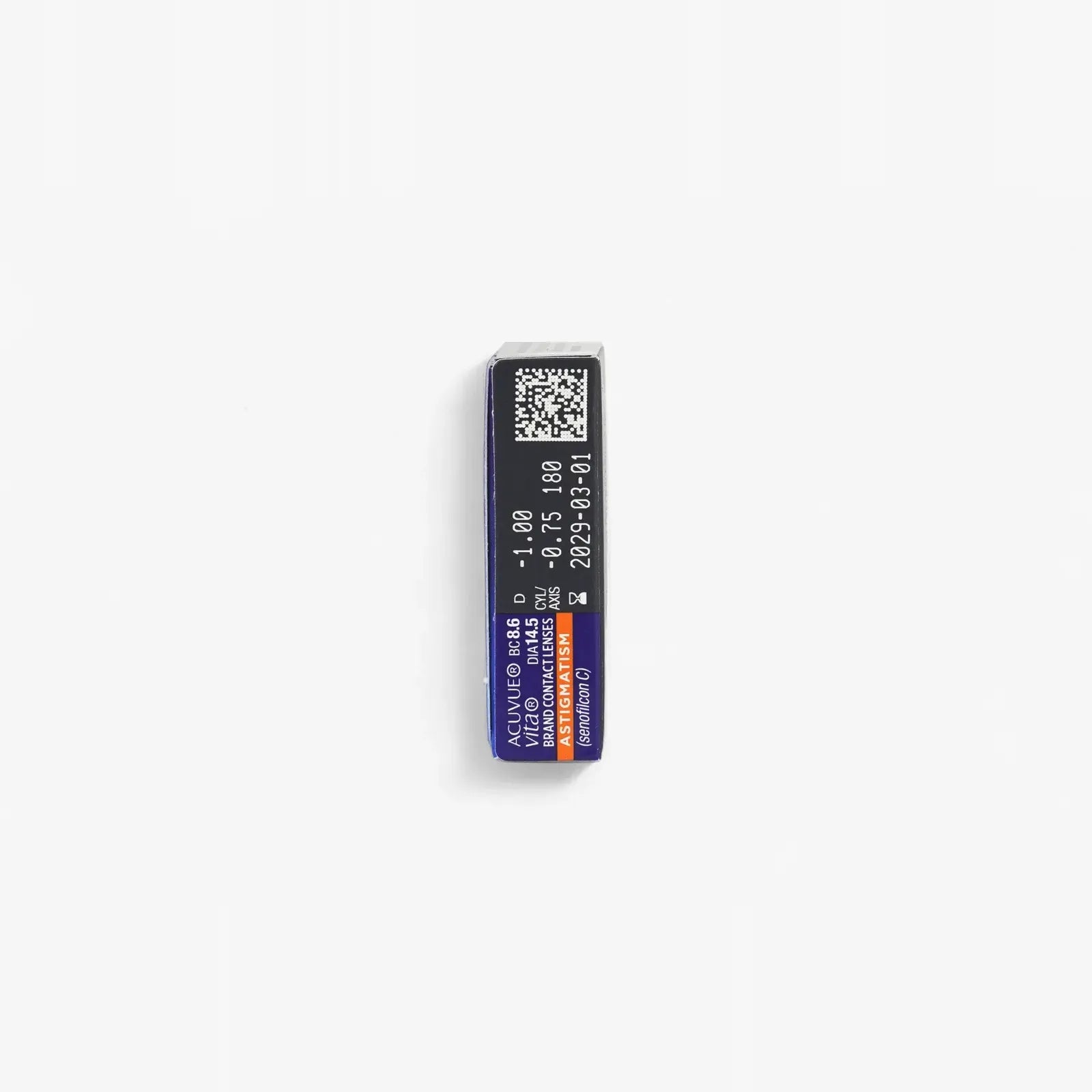 A rectangular contact lens box, labeled as Acuvue Vita For Astigmatism - 6 Pk by Acuvue, features white text, a QR code, and blue and orange accents—resembling the clean design often used for tech products—on a white background.