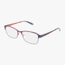 The Liz Claiborne L655 features rectangular red and blue metal frames with an intricate temple pattern and clear nose pads. Displayed on a white background, these glasses include blue light lenses for added eye protection.