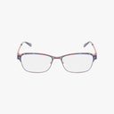 Front view of Liz Claiborne L655 eyewear featuring rectangular blue light lenses, thin lightweight metal frames in blue and pink, with patterned detailing on the rims and temples.