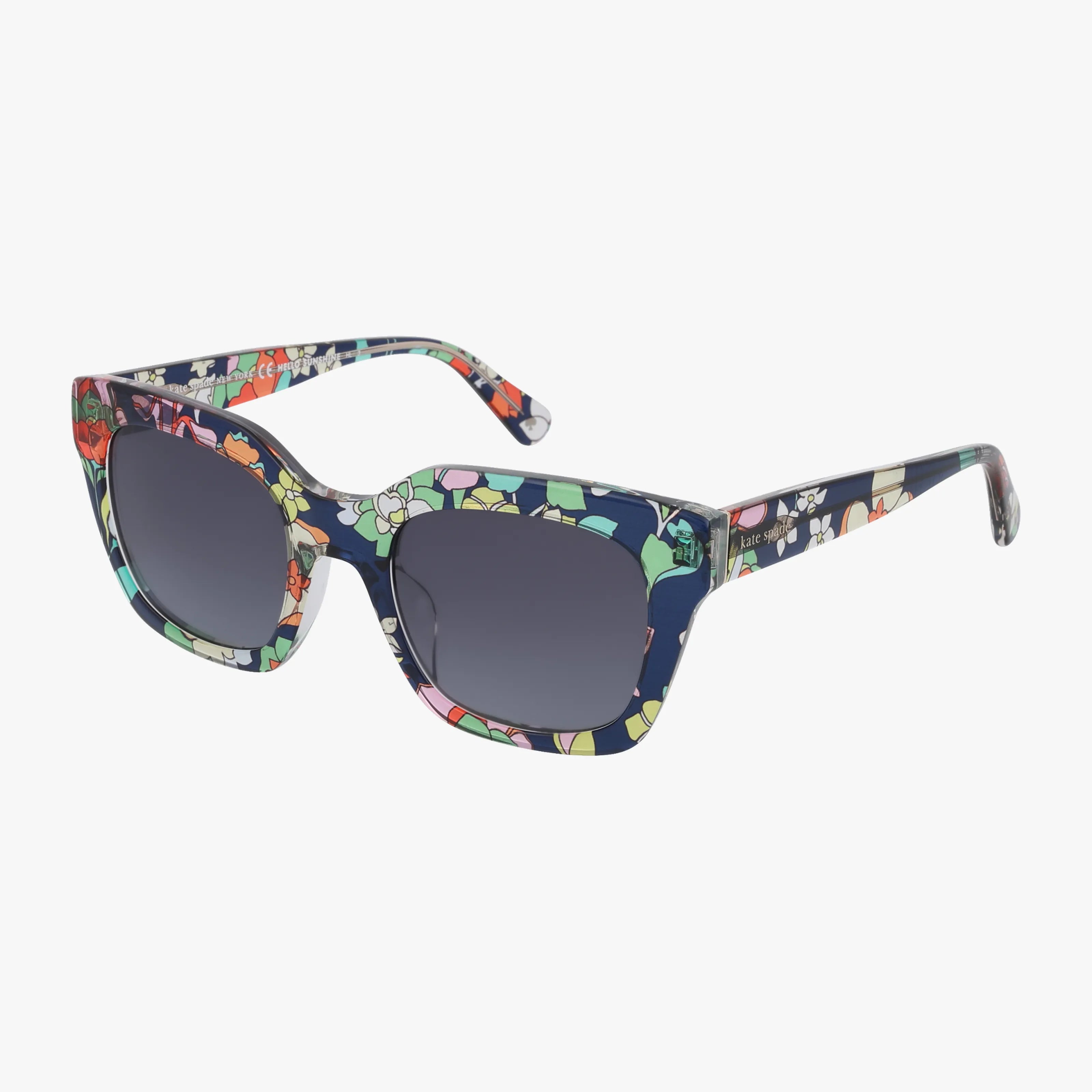 CAMRYN/S square sunglasses by Kate Spade feature premium dark lenses and thick, multicolored floral-patterned frames and arms. Sleek and stylish, theyre perfect for sunny days, shown here against a white background.