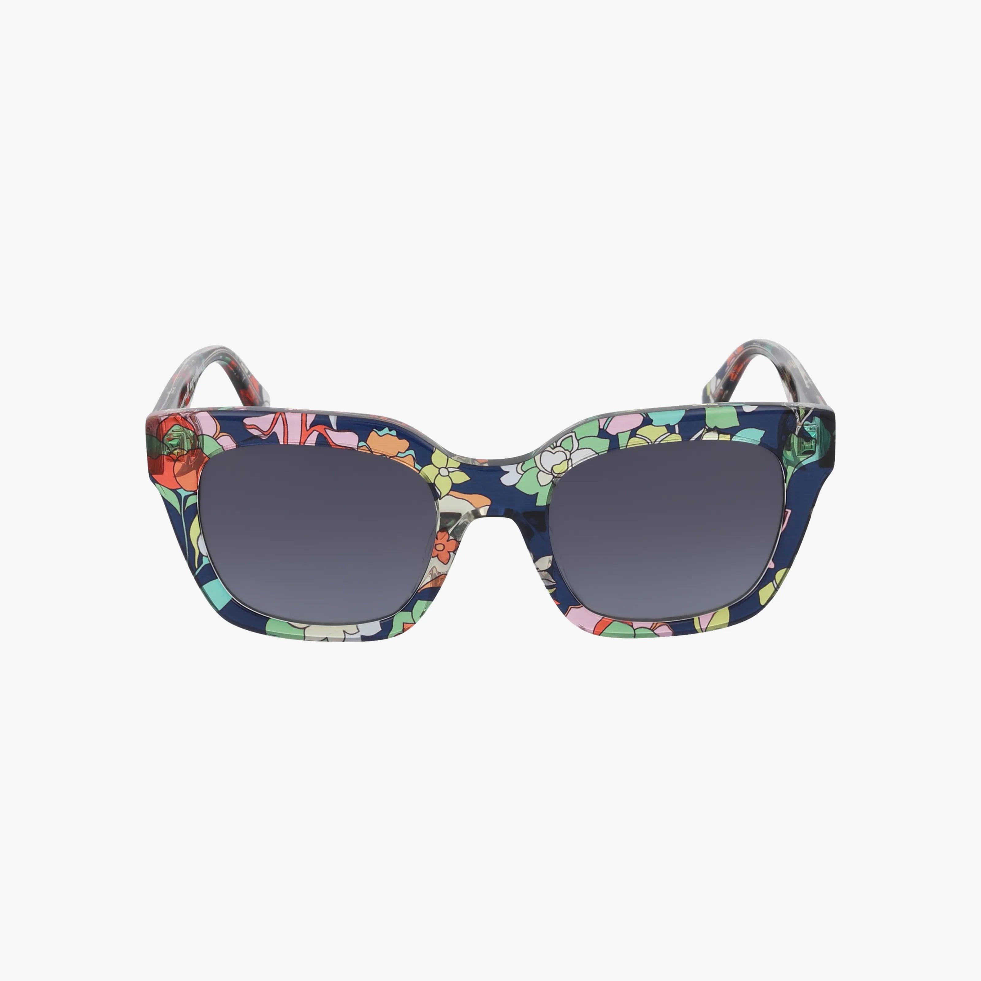 The CAMRYN/S sunglasses by Kate Spade feature square frames with a colorful floral pattern and dark gradient lenses, offering stylish sun protection. Shown on a plain white background.