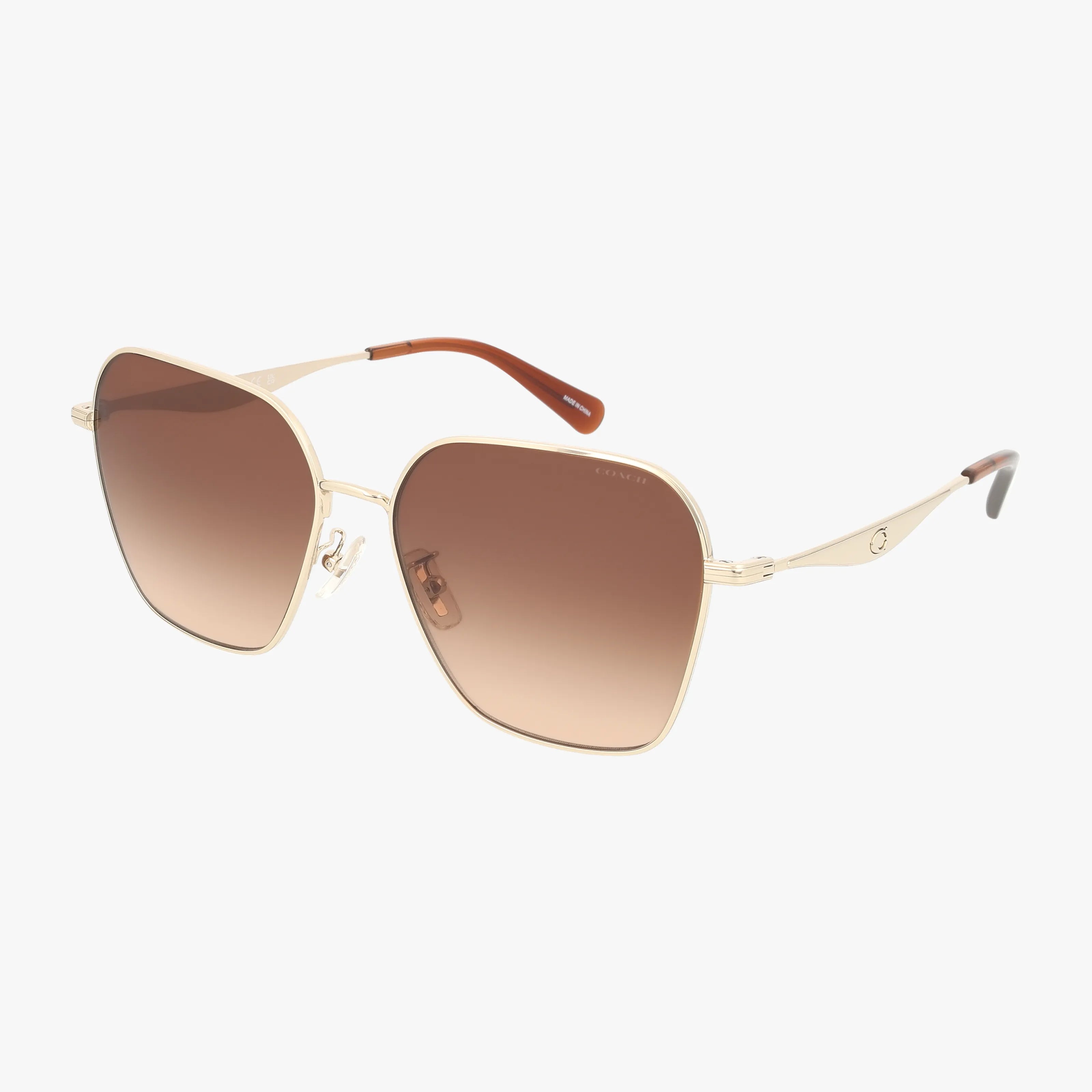 Coach HC7168 square sunglasses feature gold metal frames, brown gradient lenses, thin arms, and brown tips. Stylishly showcased on a white background—ideal for online glasses shopping.