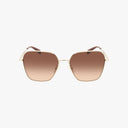 Front view of Coach HC7168 square sunglasses with gold frames, brown gradient lenses, and brown temple tips, offering advanced protection. Shop these stylish sunglasses online against a crisp white background.