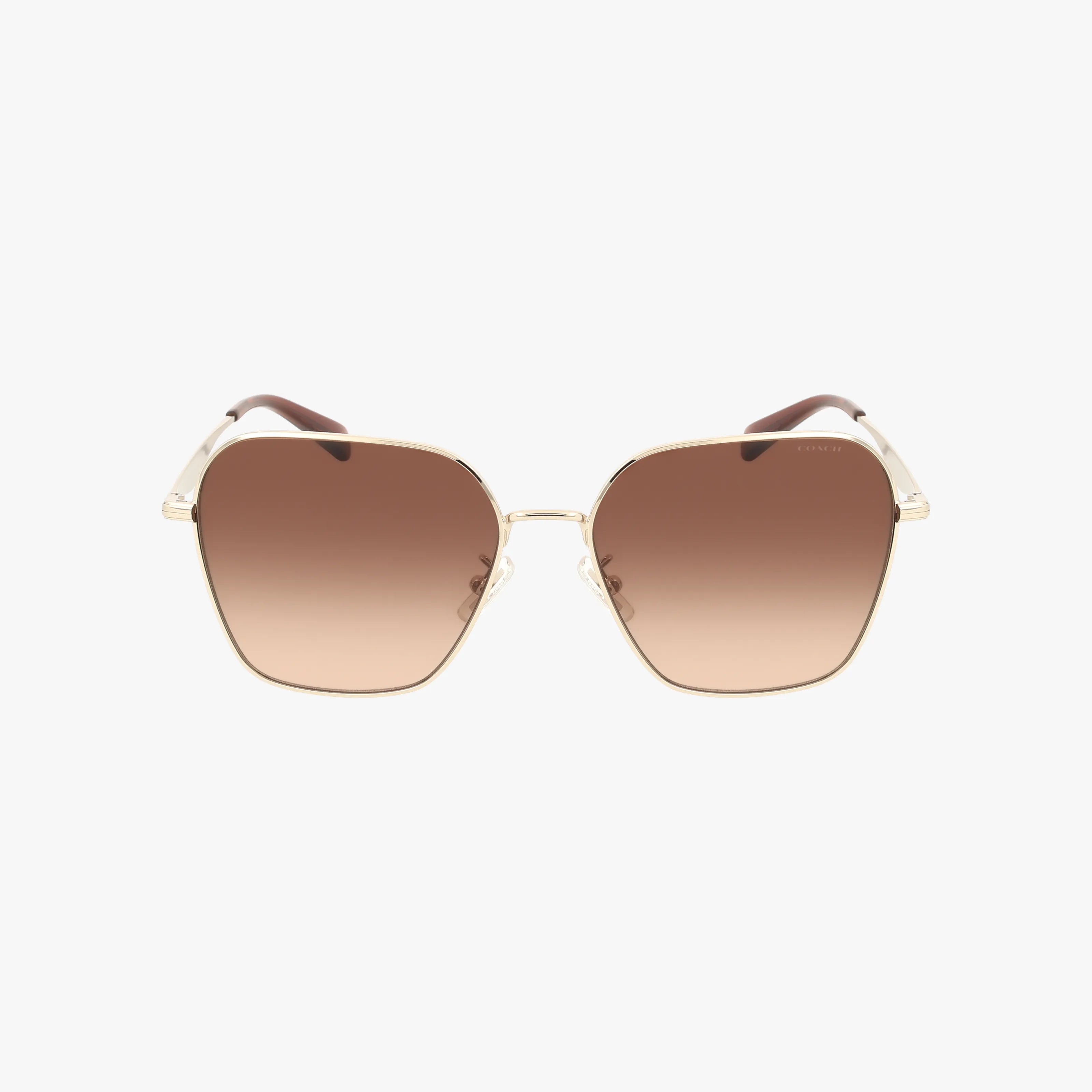 Front view of Coach HC7168 square sunglasses with gold frames, brown gradient lenses, and brown temple tips, offering advanced protection. Shop these stylish sunglasses online against a crisp white background.