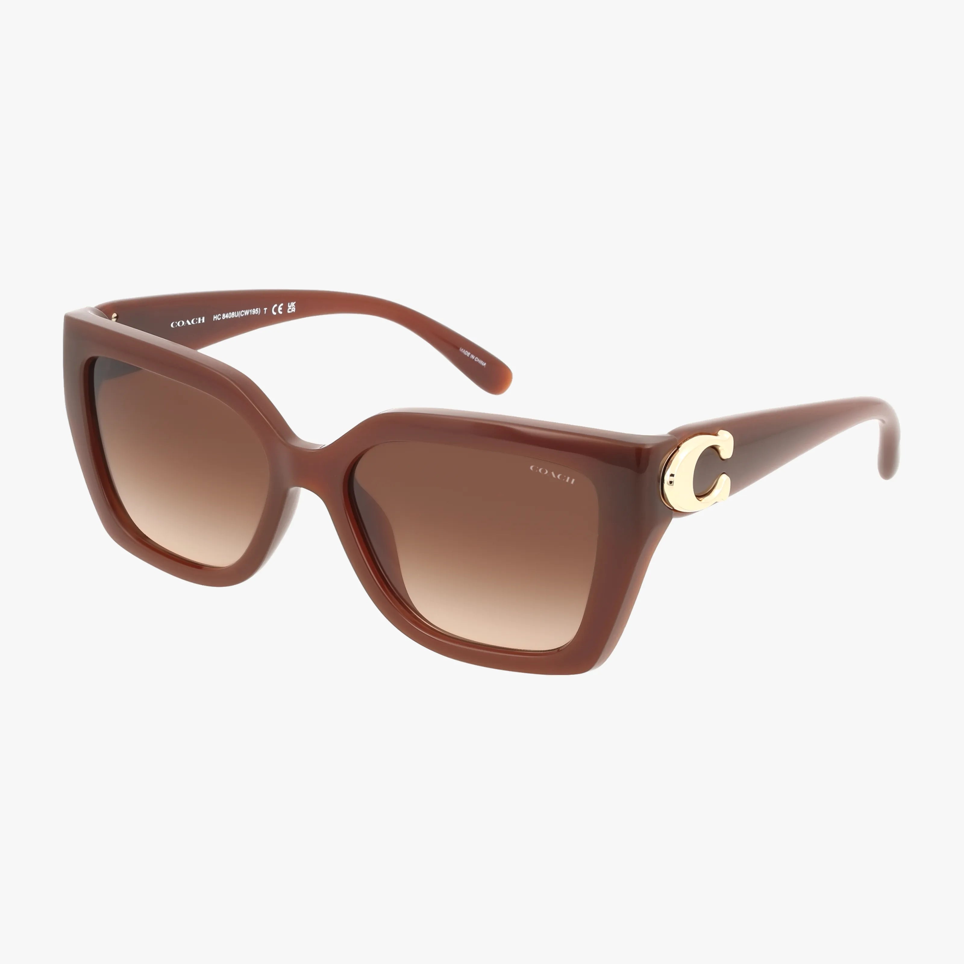 Coach HC8408U brown square-frame sunglasses feature premium gradient lenses, a gold C logo on thick temples, and brand details inside the arms for stylish, high-quality protection.