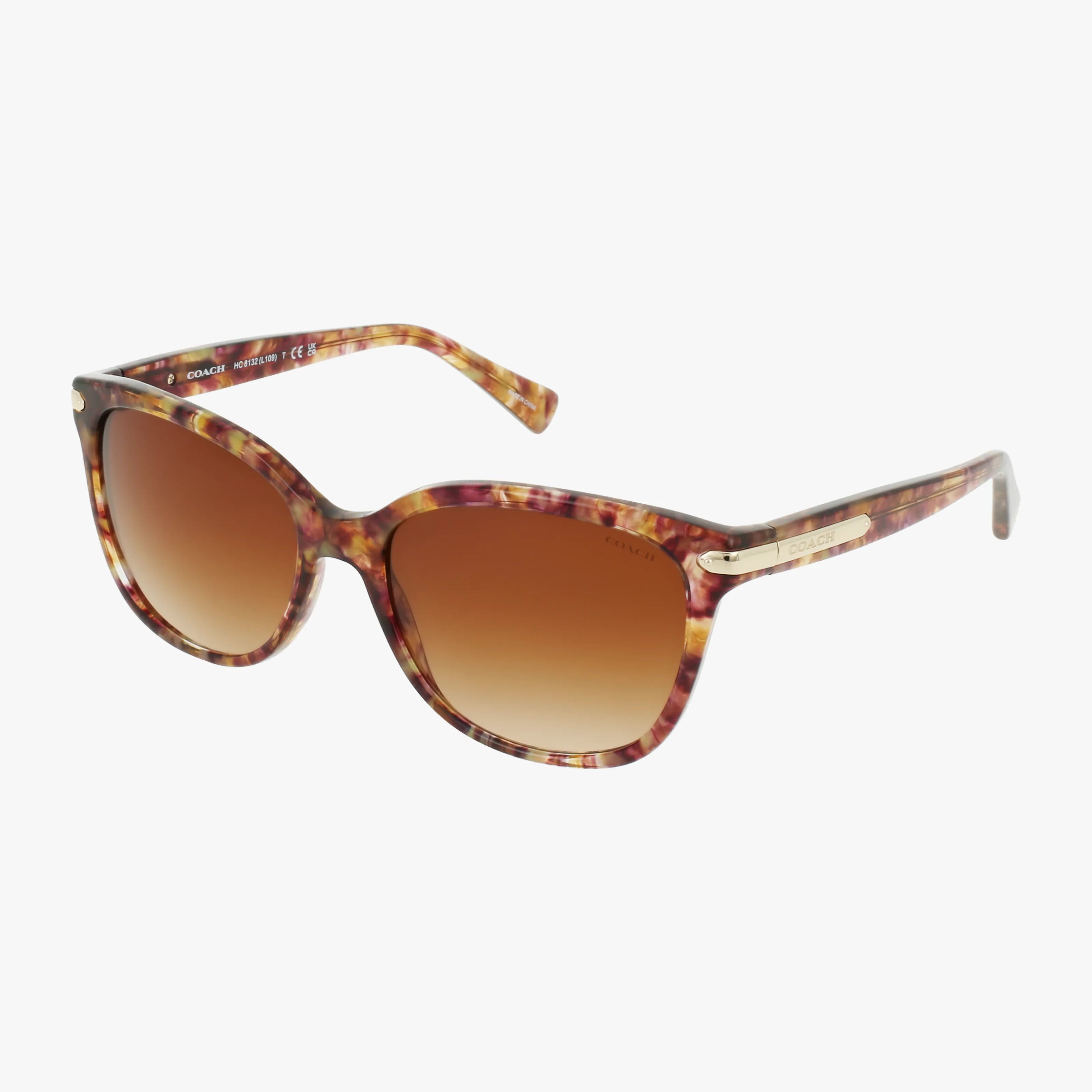 Coach HC8132 sunglasses feature a tortoiseshell pattern, brown gradient lenses, and gold accents on the arms—stylish eyewear displayed on a white background, ideal for shopping online.