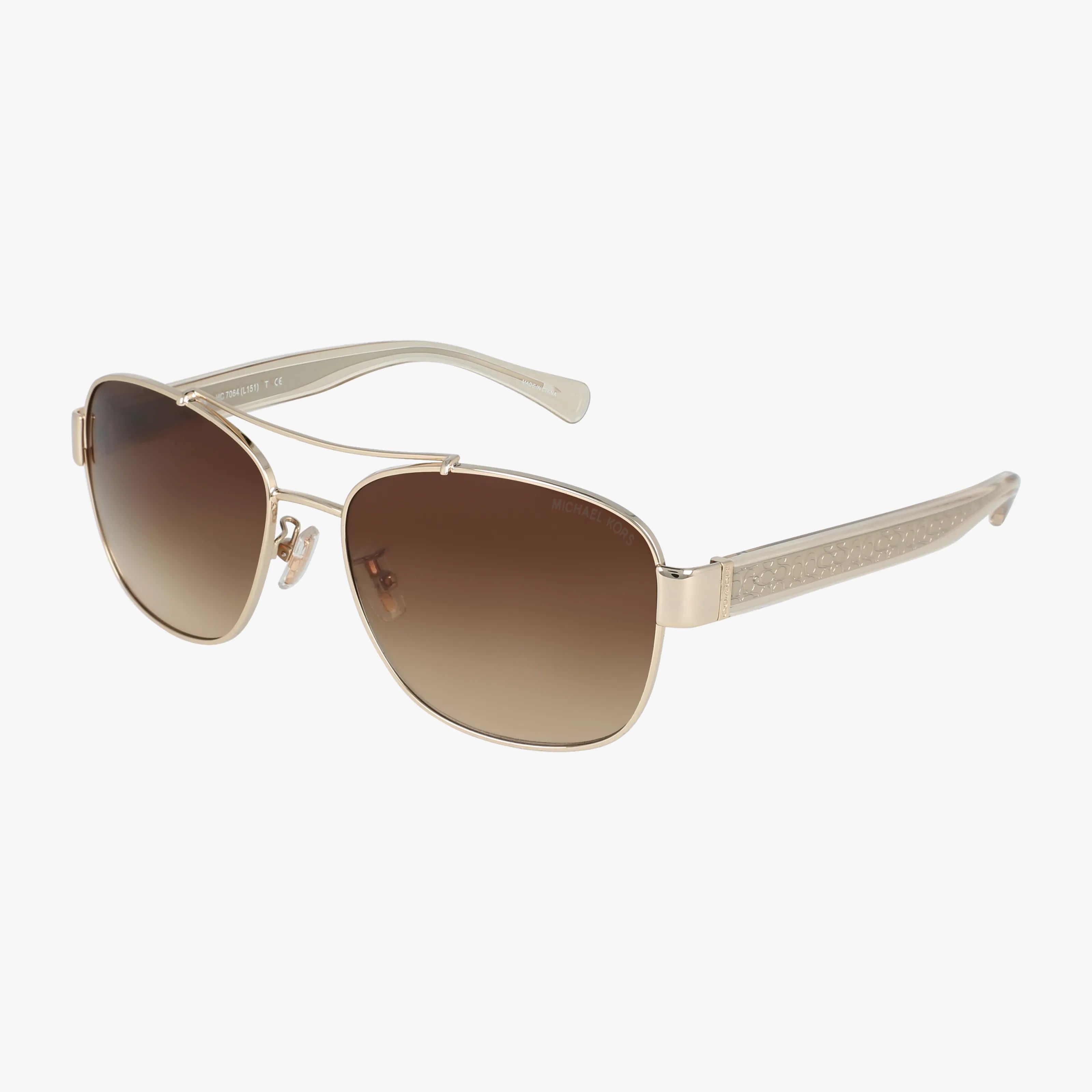 Coach HC7064 sunglasses feature gold frames, brown gradient lenses, and textured arms—ideal for online shoppers seeking stylish, durable eyewear. Shown on a white background.