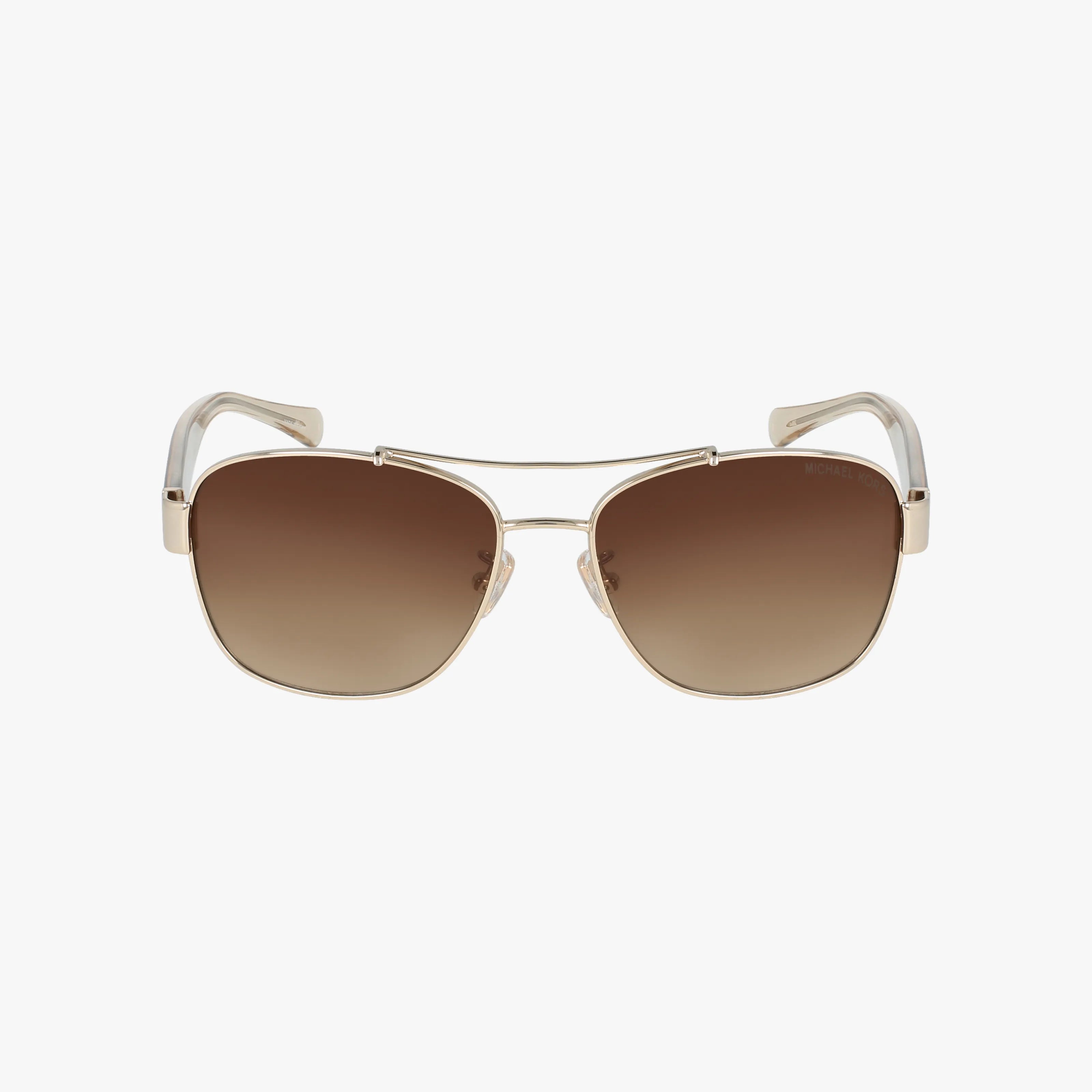 Coach HC7064 aviator sunglasses feature a gold frame and brown gradient lenses, shown on a white background—ideal for online shoppers wanting stylish and durable eyewear.
