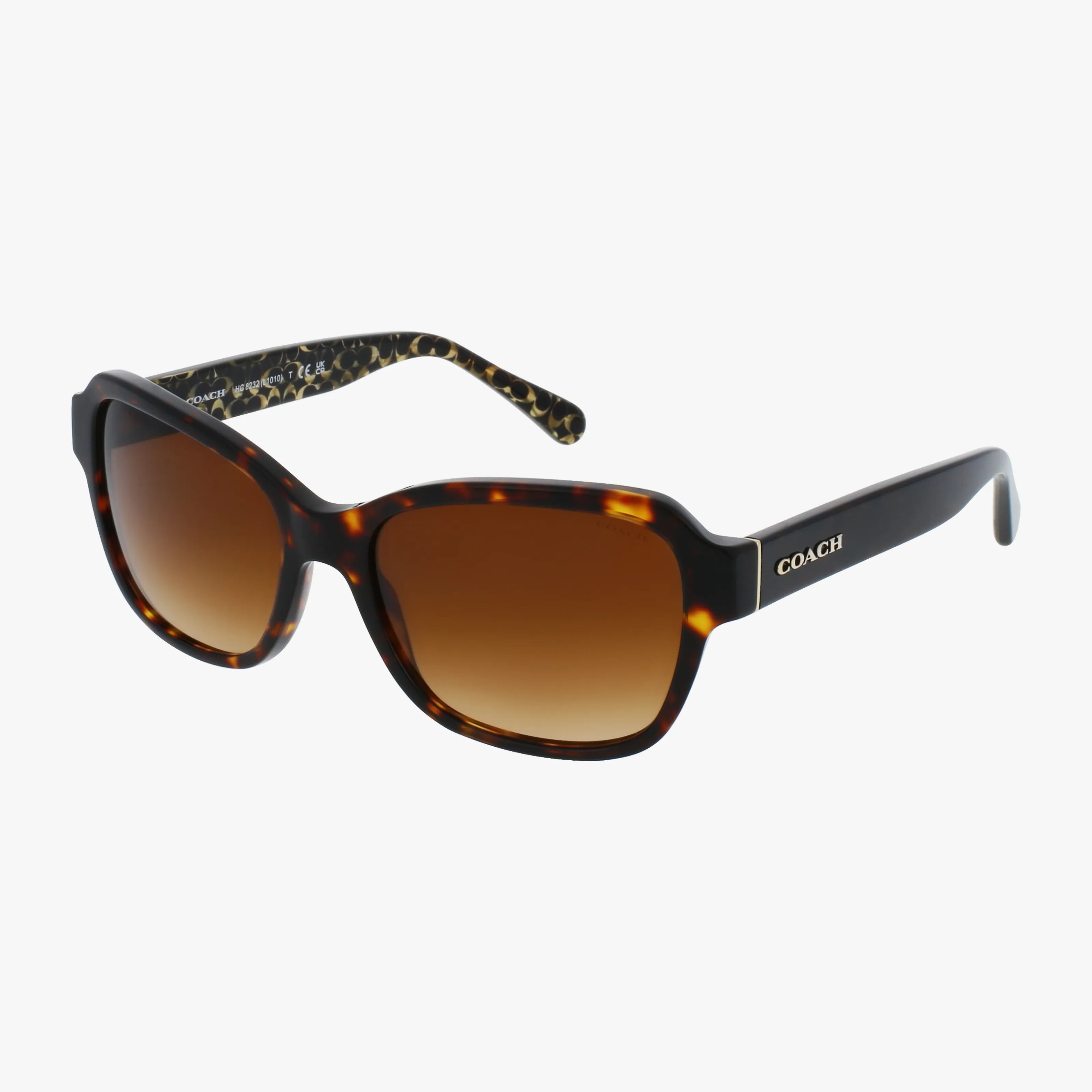 Coach HC8232 sunglasses feature tortoiseshell frames, brown gradient lenses, black arms, and a gold COACH logo on the side. Enjoy UV protection and a chic tortoiseshell interior with these durable, stylish Coach sunglasses.