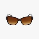 Coach HC8232 tortoiseshell square sunglasses feature brown gradient lenses for UV protection and durability, shown on a white background.