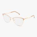 The St. Moritz BRIDGETTE eyeglasses feature modern, thin gold metal frames with clear lenses and subtly angular rectangular design, offering distinct style and function against a white background.
