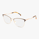 The BRIDGETTE by St. Moritz features gold and brown rectangular progressive eyeglasses with thin metal frames and tortoiseshell-patterned temple tips, blending functional design and style, displayed on a white background.