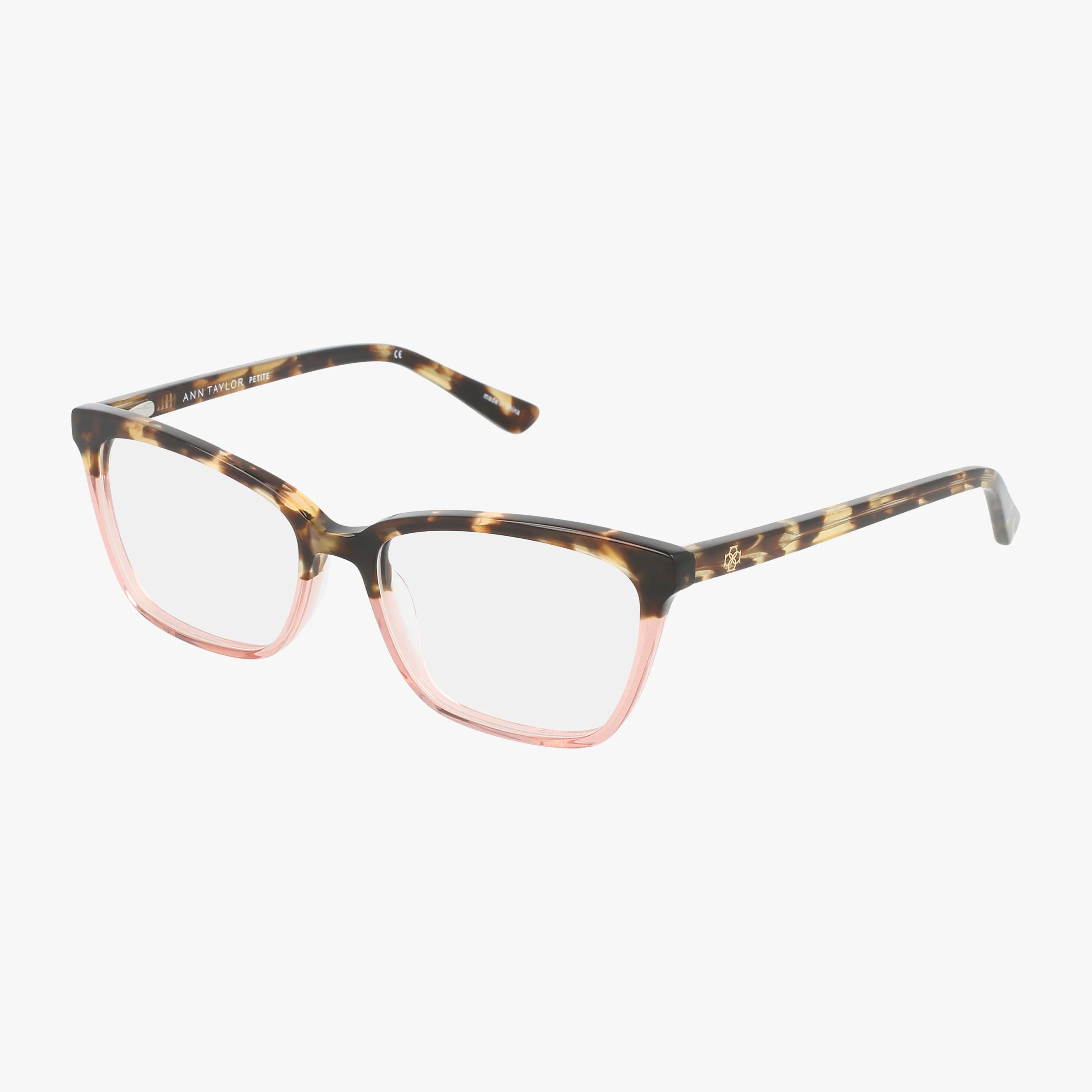 The Ann Taylor ATP812 eyeglasses feature rectangular lenses in a classic tortoiseshell frame on the top and temples, with light pink along the bottom, offering modern style—shown against a white background.